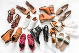 A diverse collection of pre-loved shoes and sandals displayed, promoting sustainable fashion from an online secondhand store.