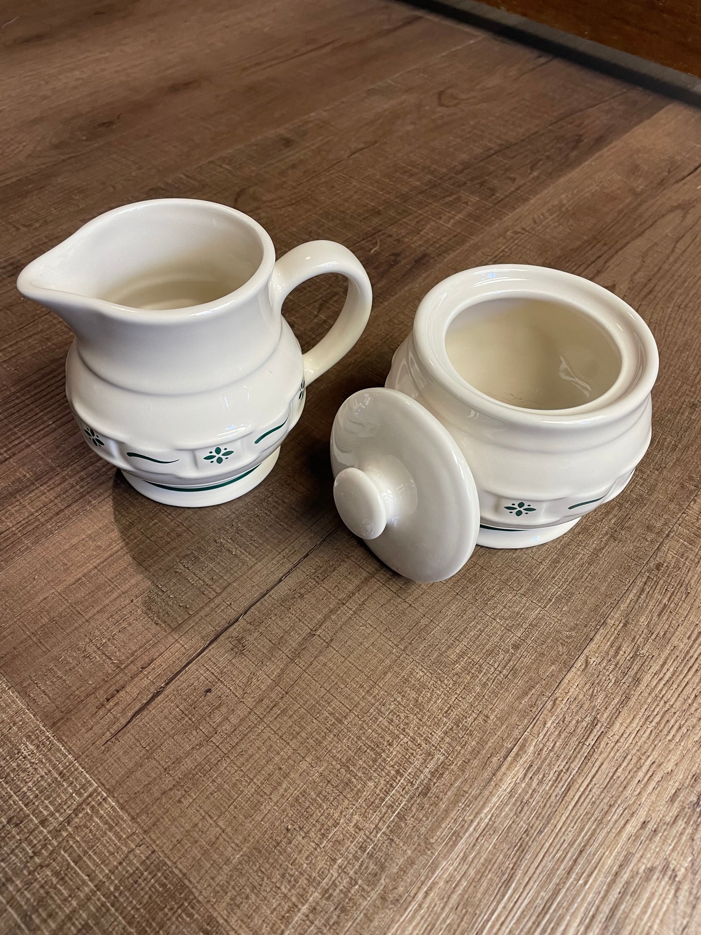 Longaberger Pottery Woven Traditions Ivory Heritage Green Cream & Sugar Set