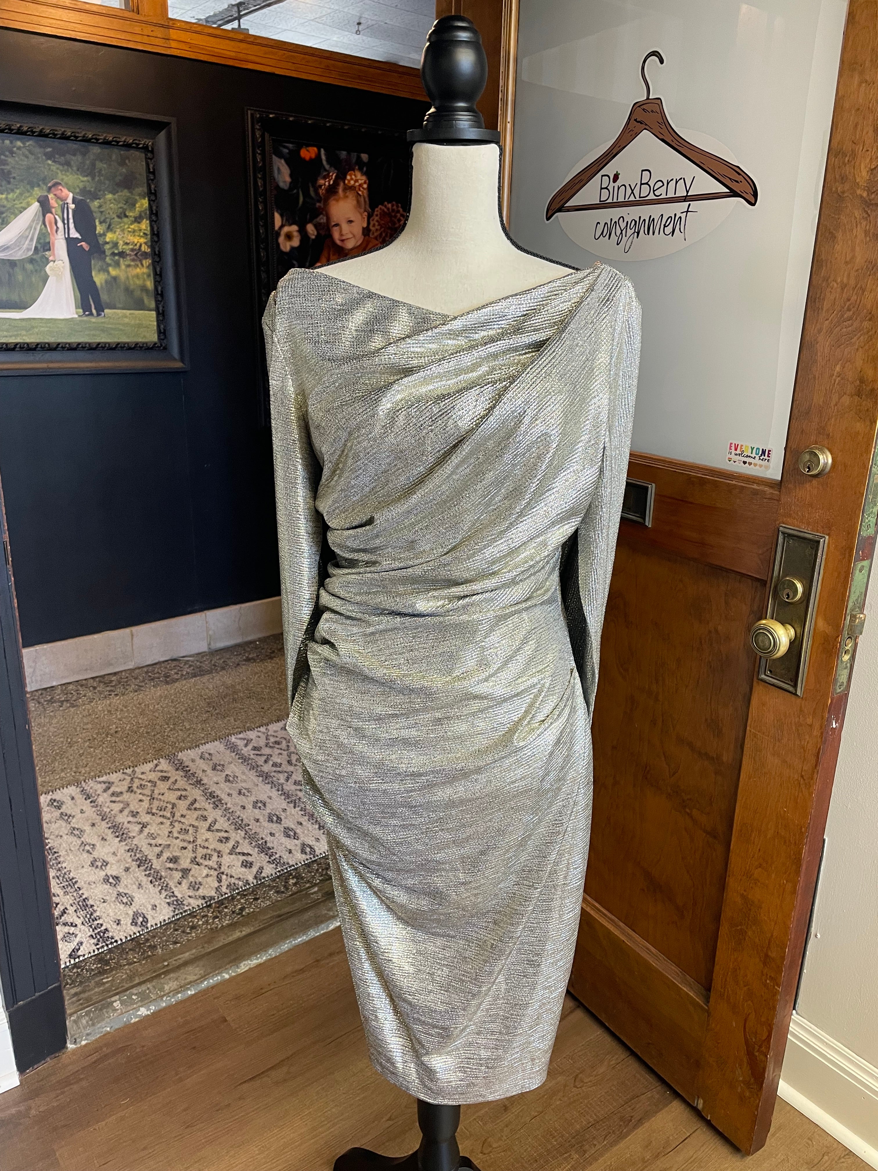 Betsy & Adam Metallic Dress with Draped Arms (12)