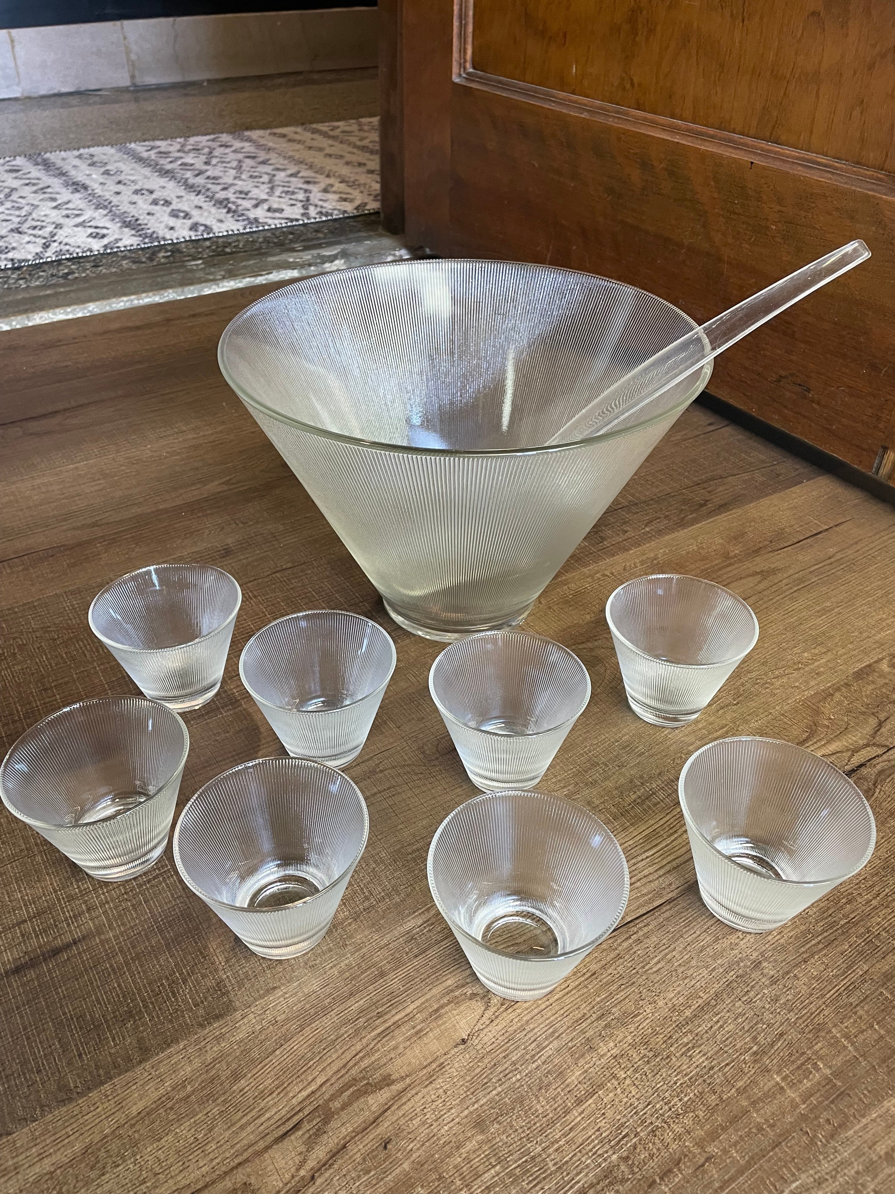 Vintage Federal Glass Fine Ribbed Punch Bowl Set