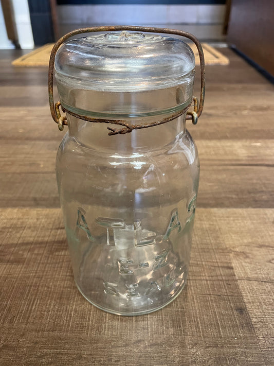 Vintage Atlas E-Z Seal Canning Jar with Glass Lid and Wire Bale