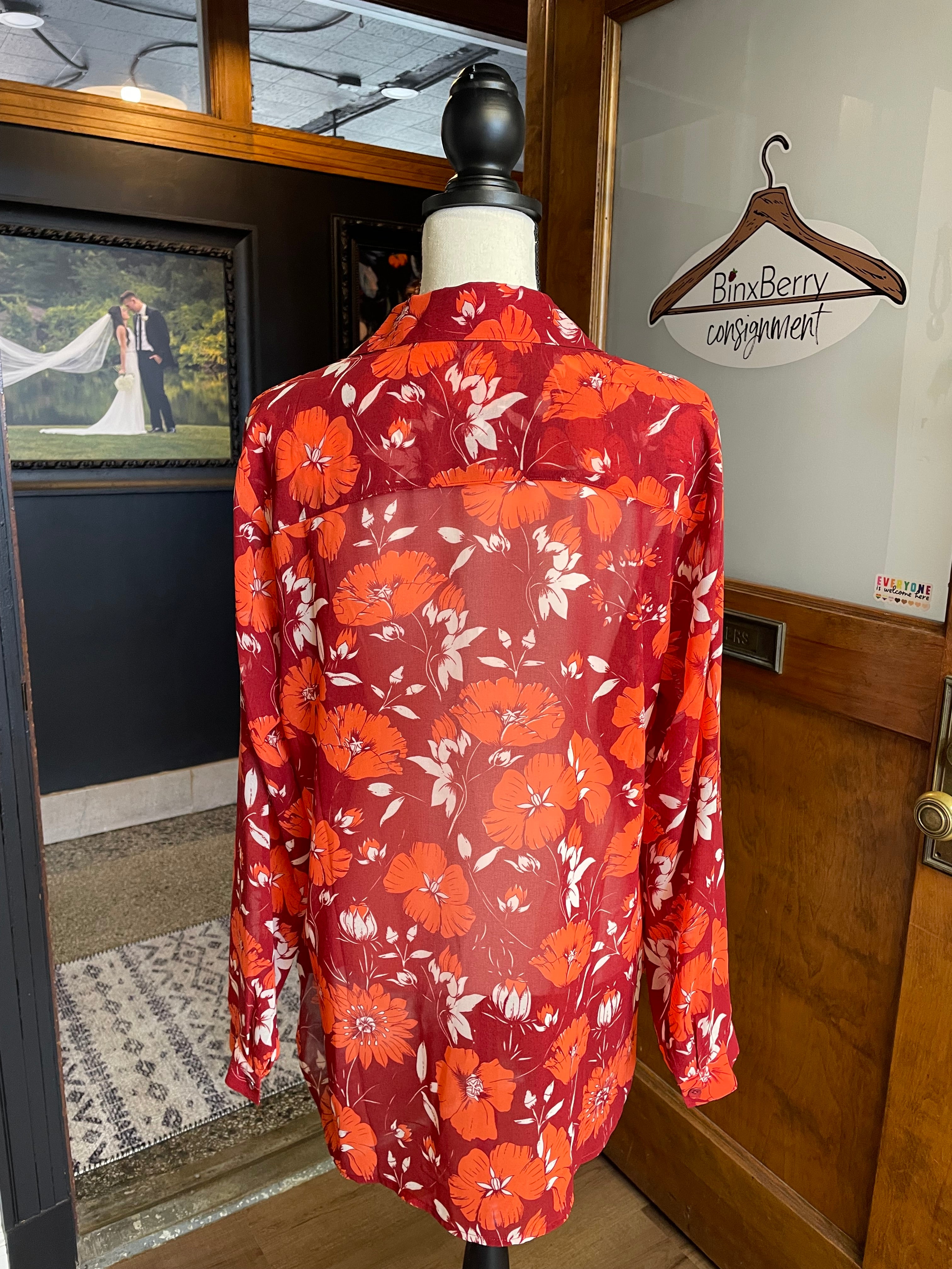 Cabi Red & Orange Floral Blouse (L)