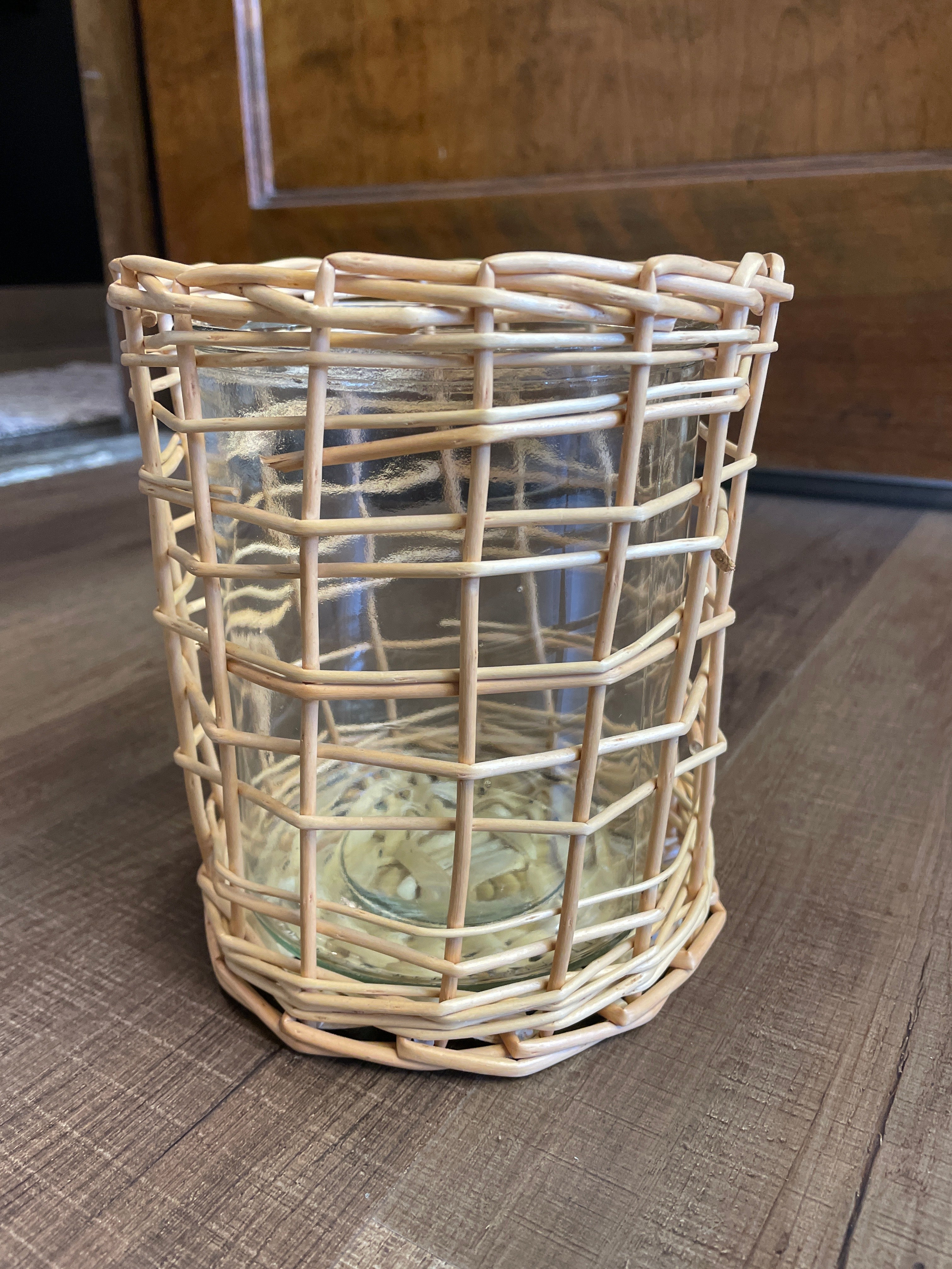 6" Glass Hurricane with Woven Straw Sleeve