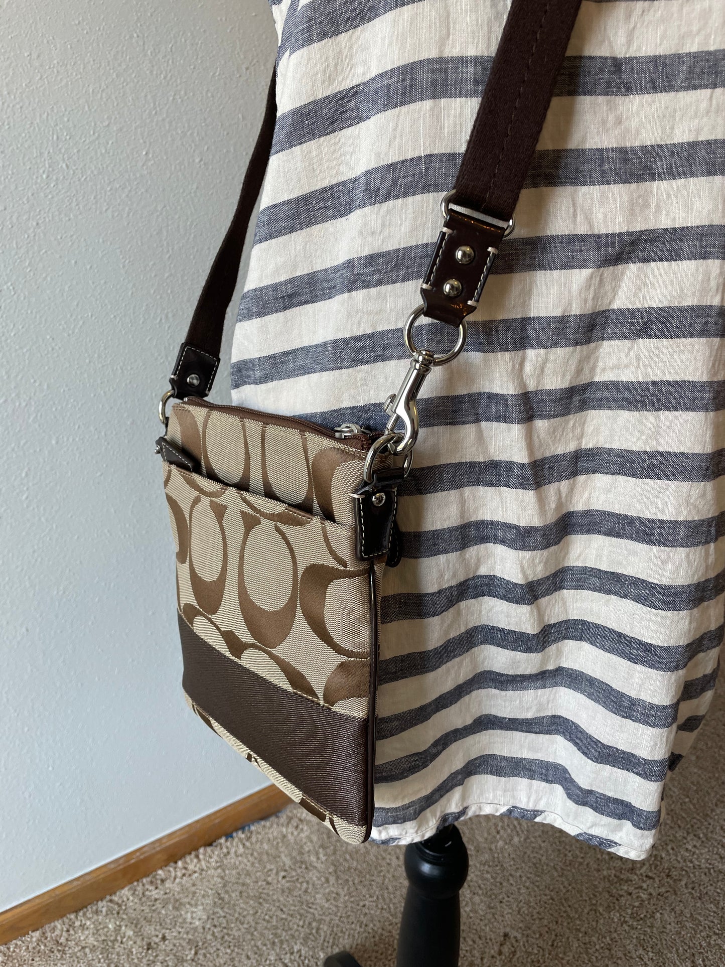 Coach Signature Khaki Jacquard Adjustable Strap Crossbody