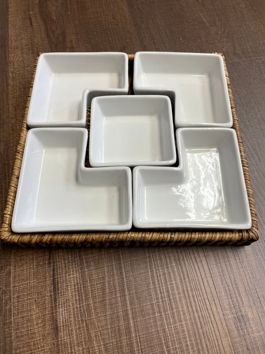 5 Section Divided White Ceramic 9" Square Rattan Snack Tray
