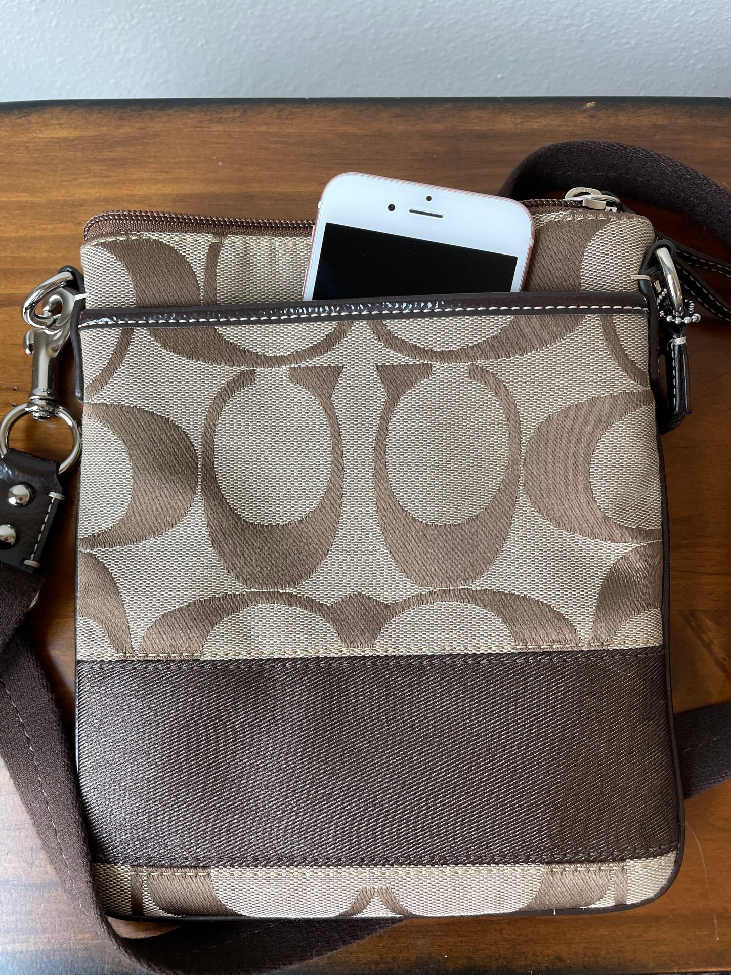Coach Signature Khaki Jacquard Adjustable Strap Crossbody