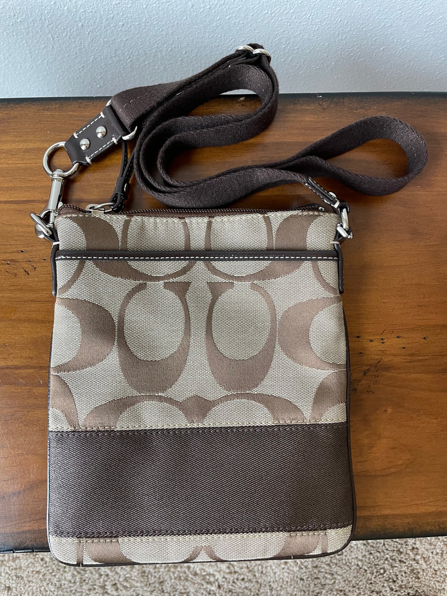Coach Signature Khaki Jacquard Adjustable Strap Crossbody