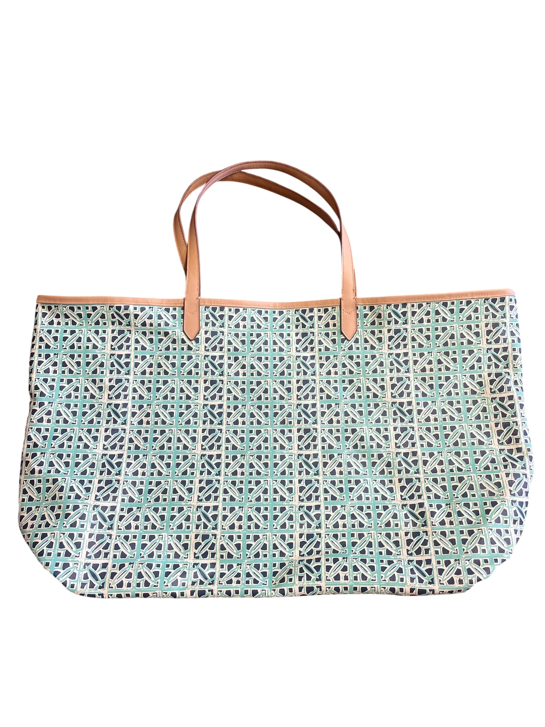 Stella & Dot Teal Print Leather Market Tote Shoulder Bag Soft W/Makeup Bag