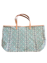 Stella & Dot Teal Print Leather Market Tote Shoulder Bag Soft W/Makeup Bag