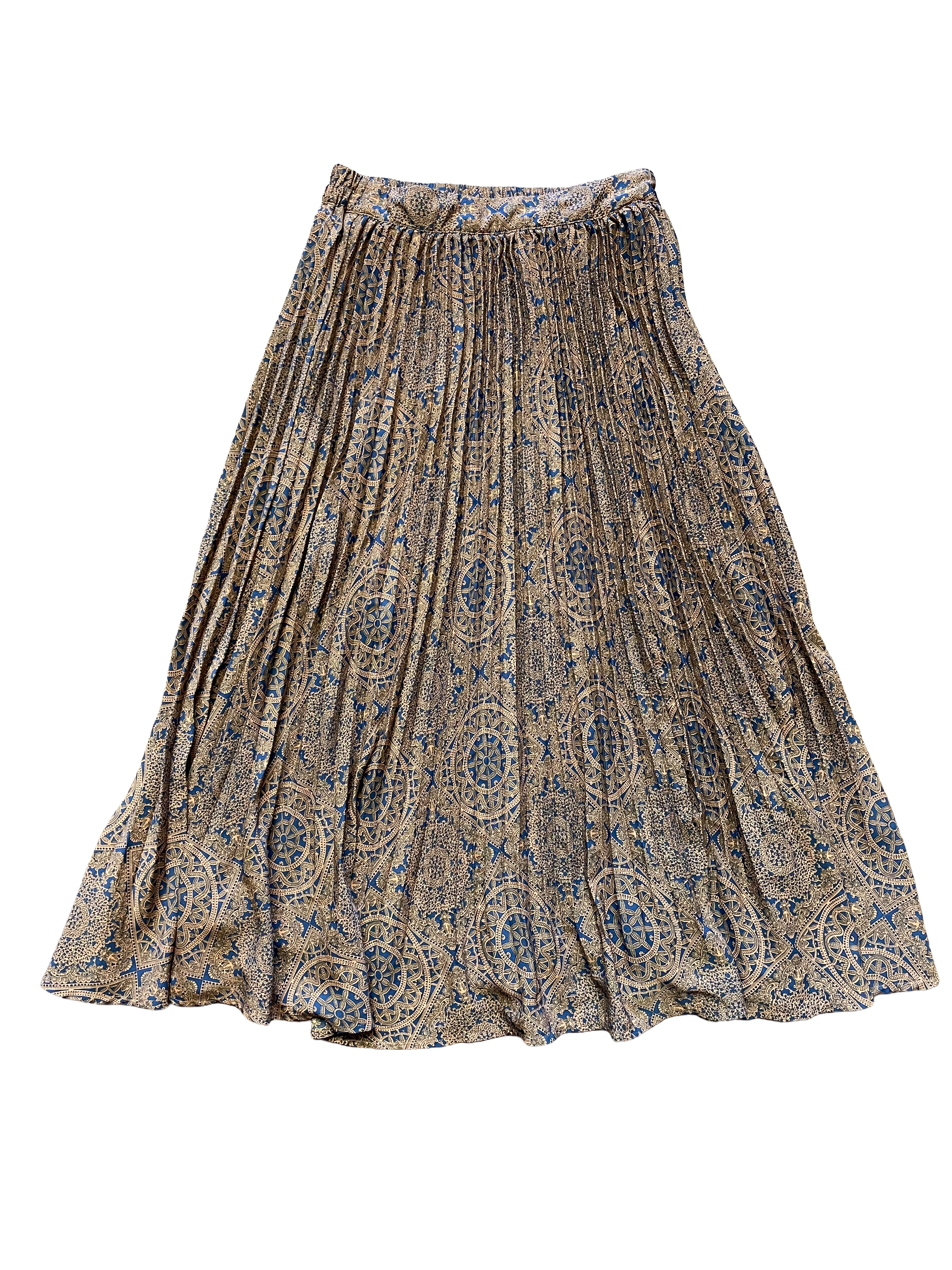 Very J Blue & Beige Pleated Skirt with Elastic Waist (S)