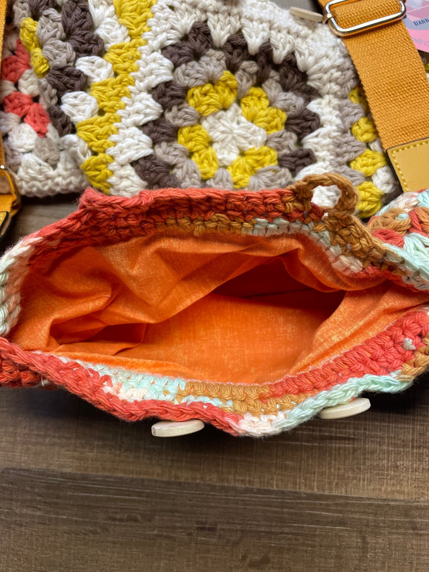 Pink and Gray Crochet Bag with White Strap