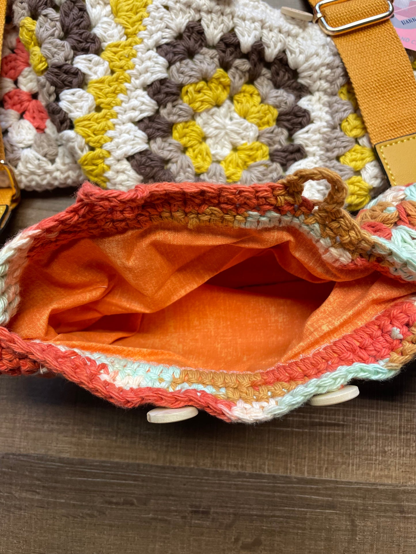 Brown and Yellow Crochet Bag with Brown Strap
