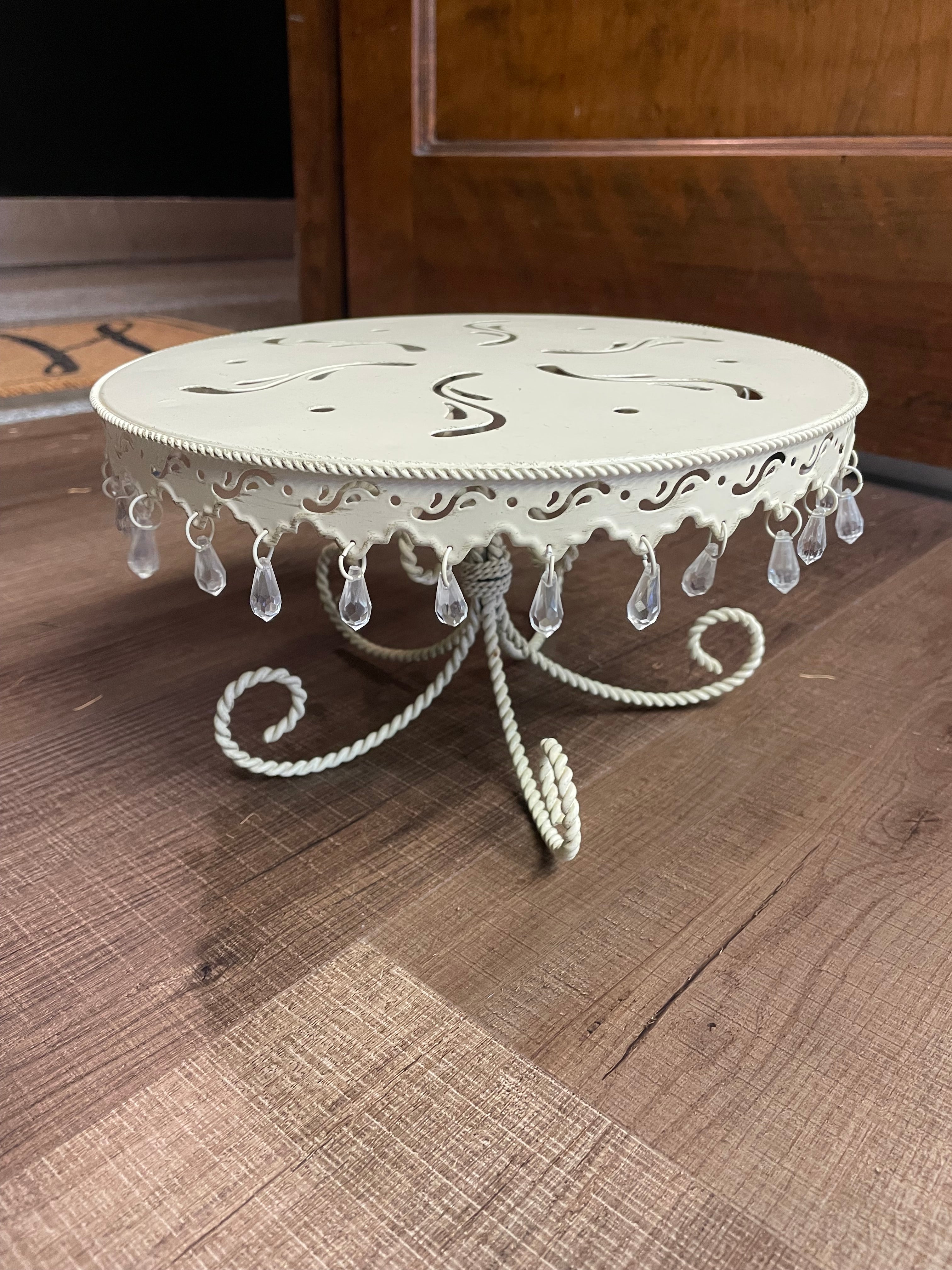 Vintage Metal Ivory 10" Drop Crystal Cake Stand