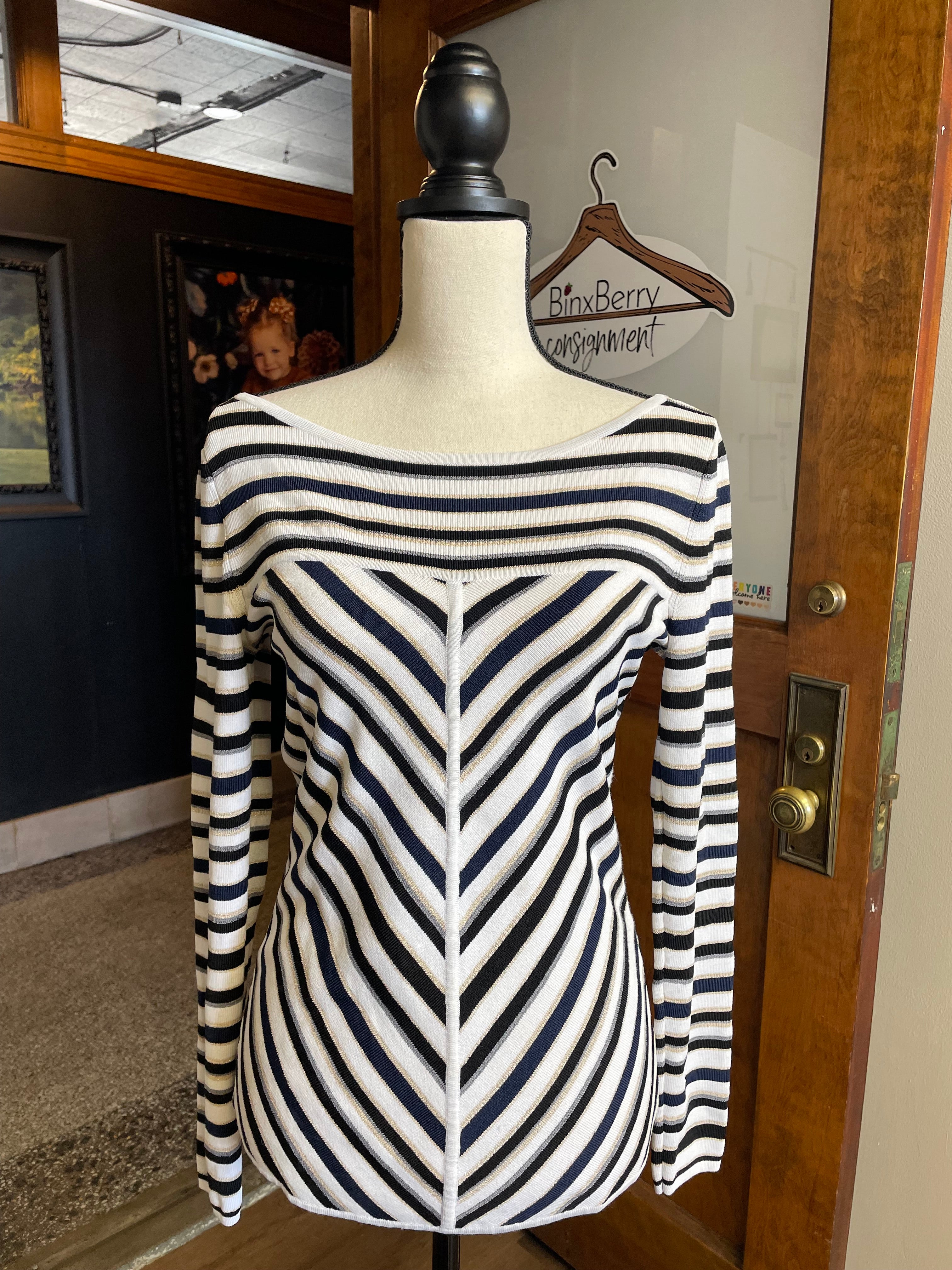 White House Black Market Striped Metallic Long Sleeved Top (M)