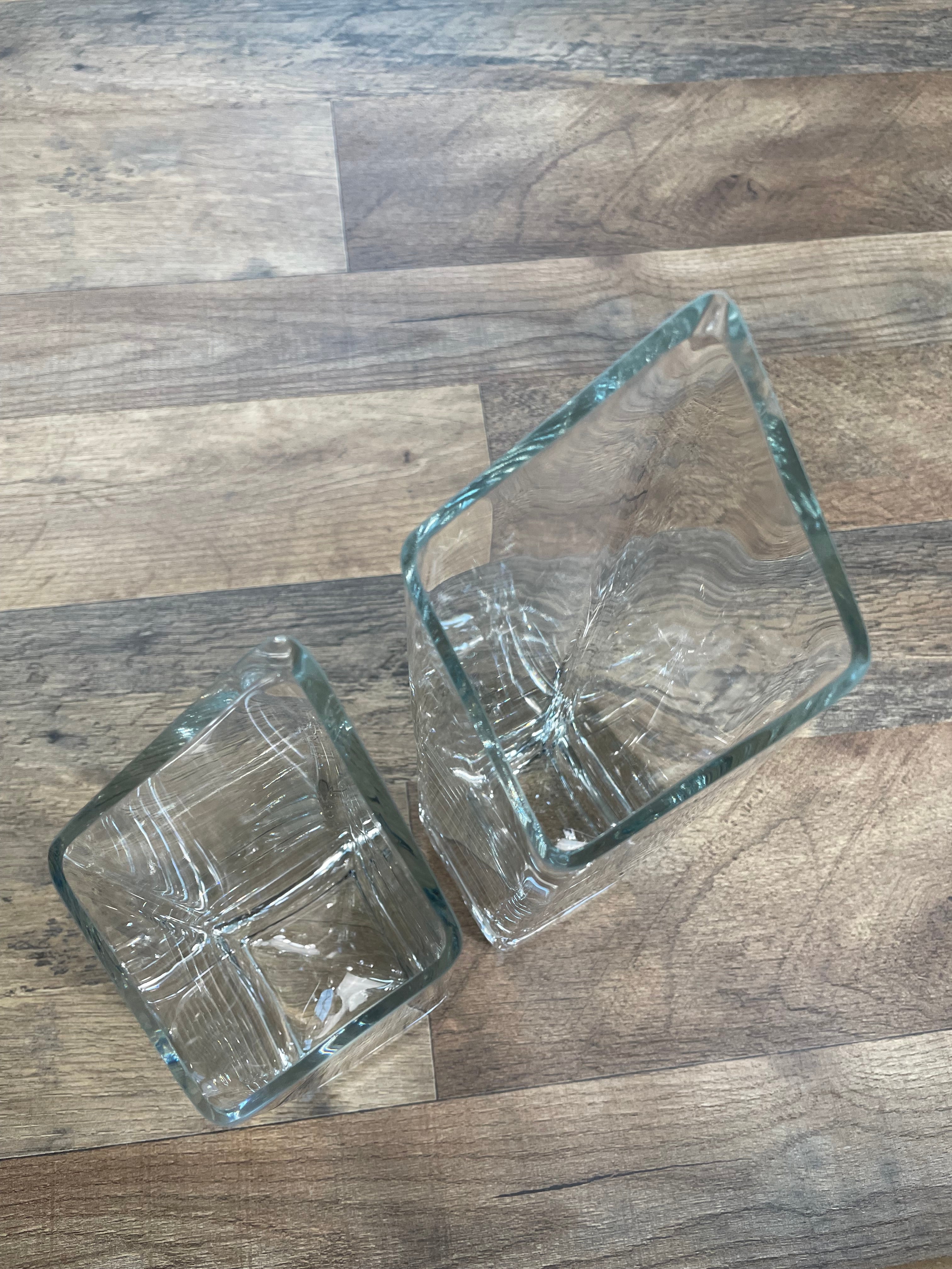 Heavy Thick Square Diamond Slant Cut Glass Vases (set of 2)