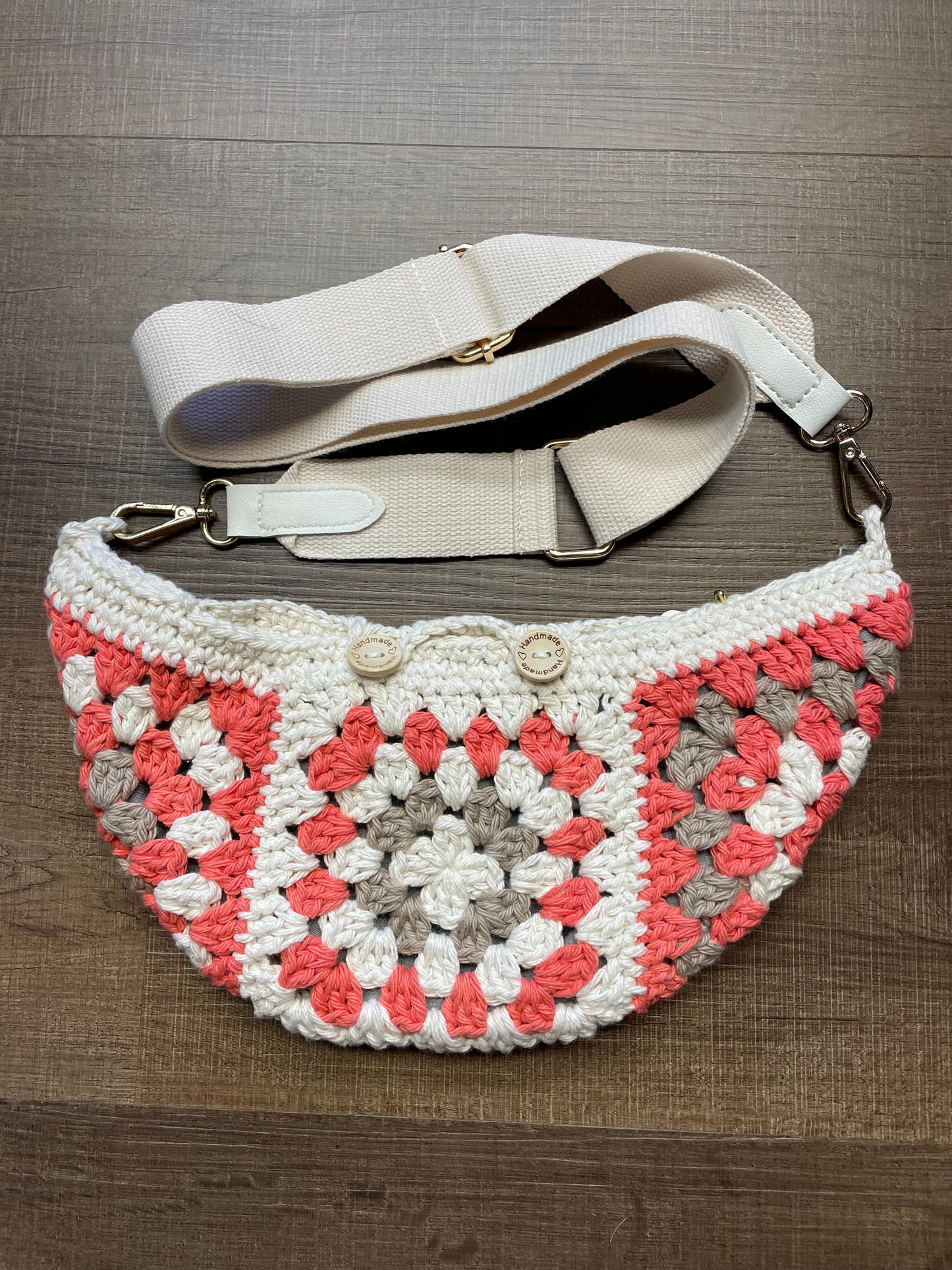 Pink and Gray Crochet Bag with White Strap