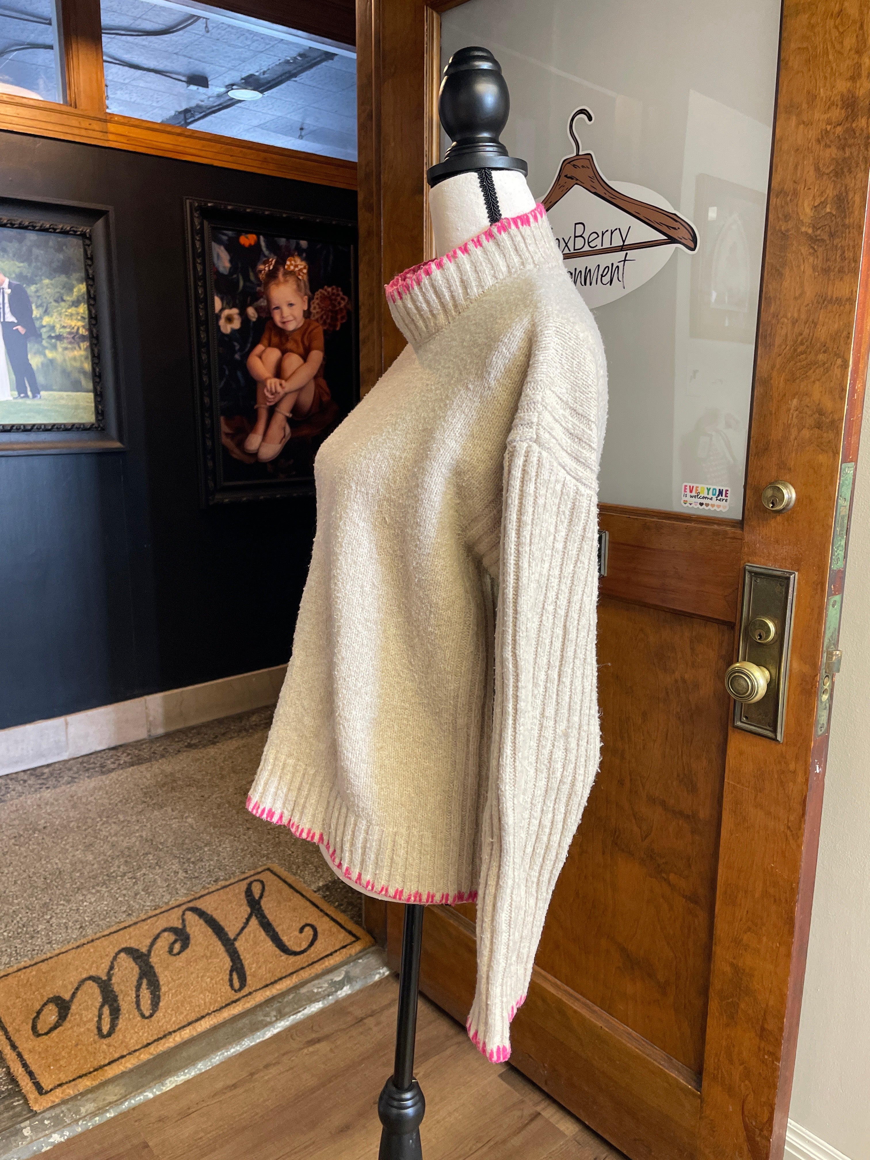 Joie Women's Sweater Oatmeal with Pink Stitch (M)