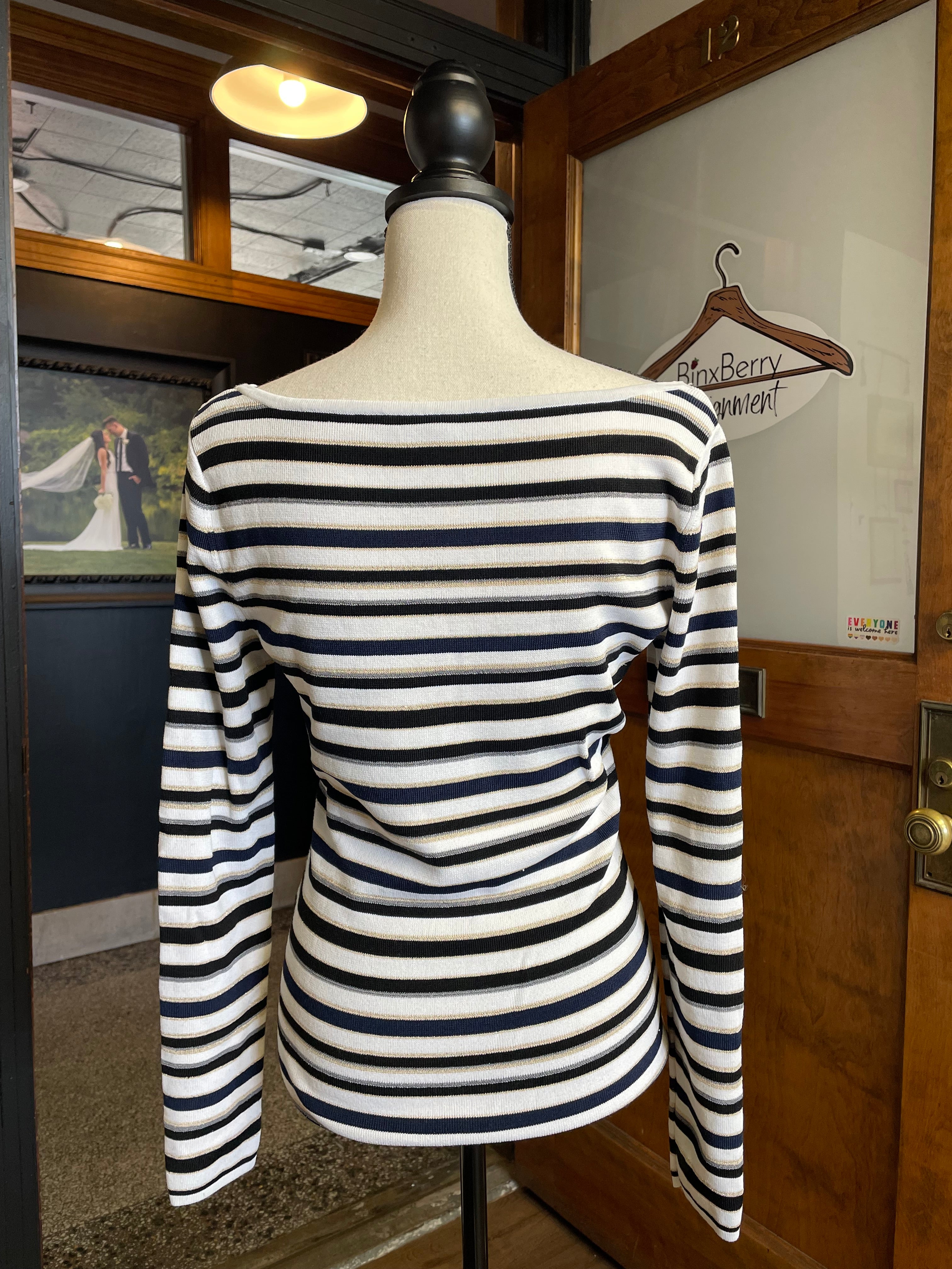 White House Black Market Striped Metallic Long Sleeved Top (M)