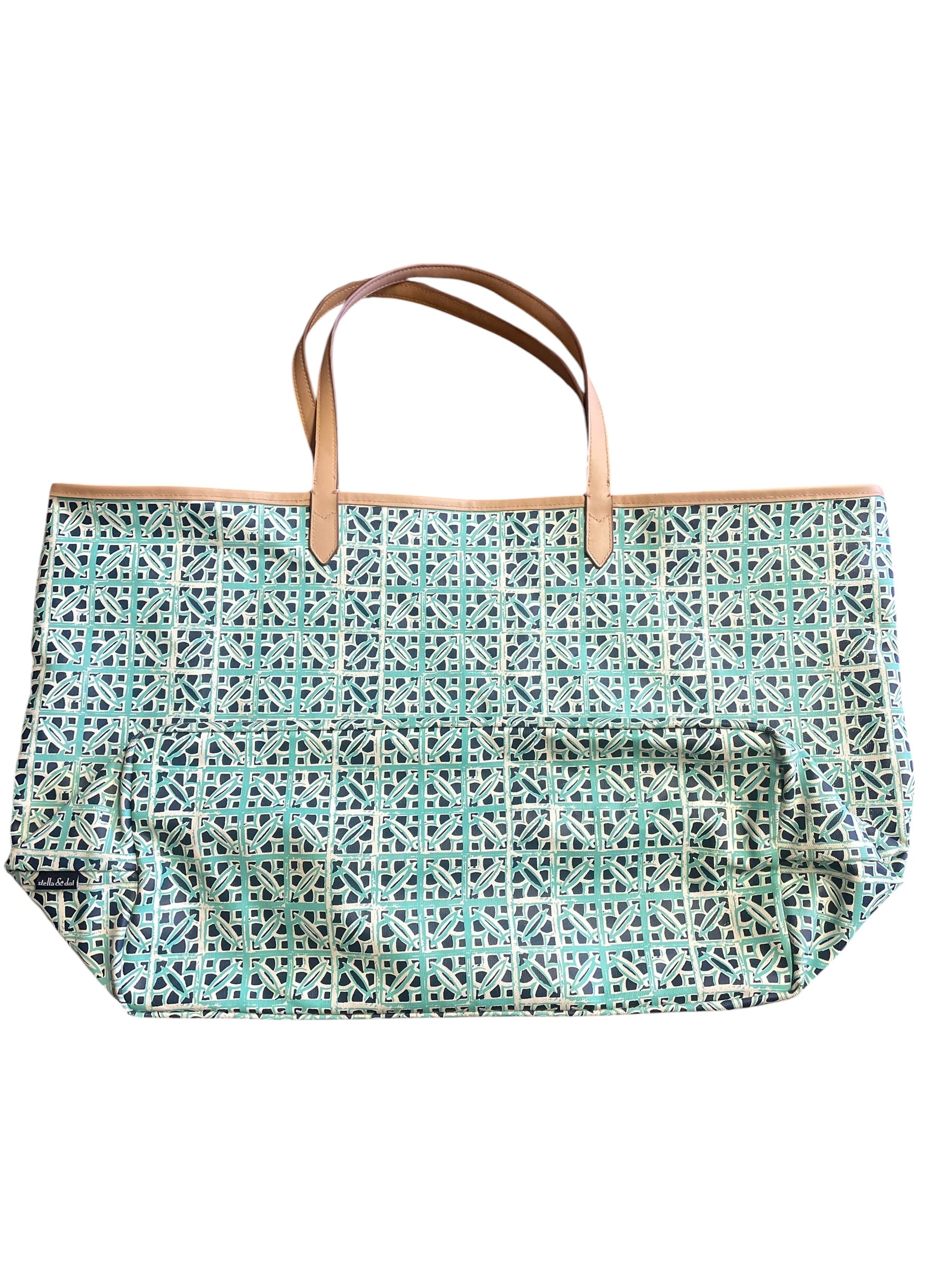 Stella & Dot Teal Print Leather Market Tote Shoulder Bag Soft W/Makeup Bag