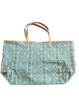 Stella & Dot Teal Print Leather Market Tote Shoulder Bag Soft W/Makeup Bag