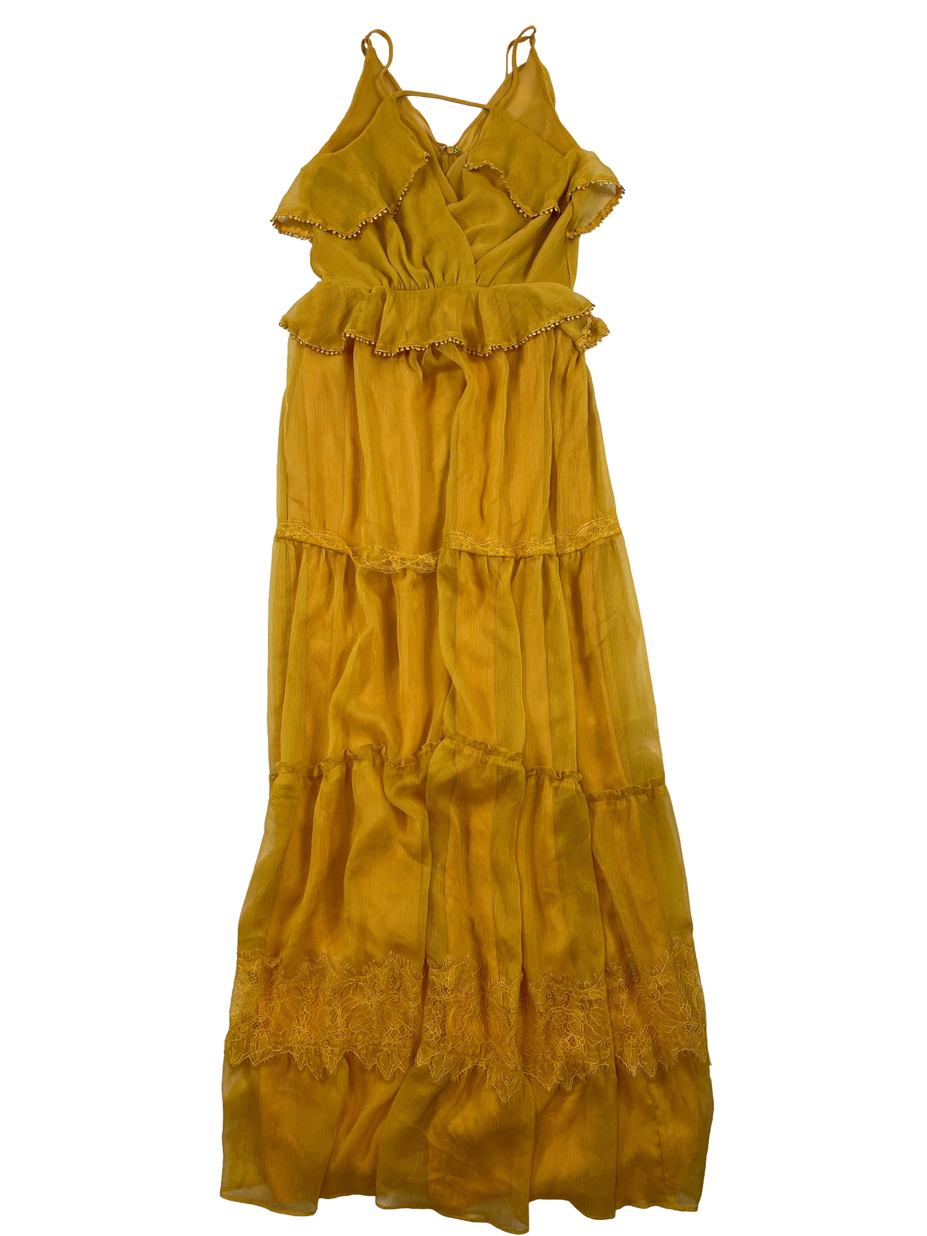 Adelyn Rae Cascading Ruffle V-Neck Maxi Dress (S)