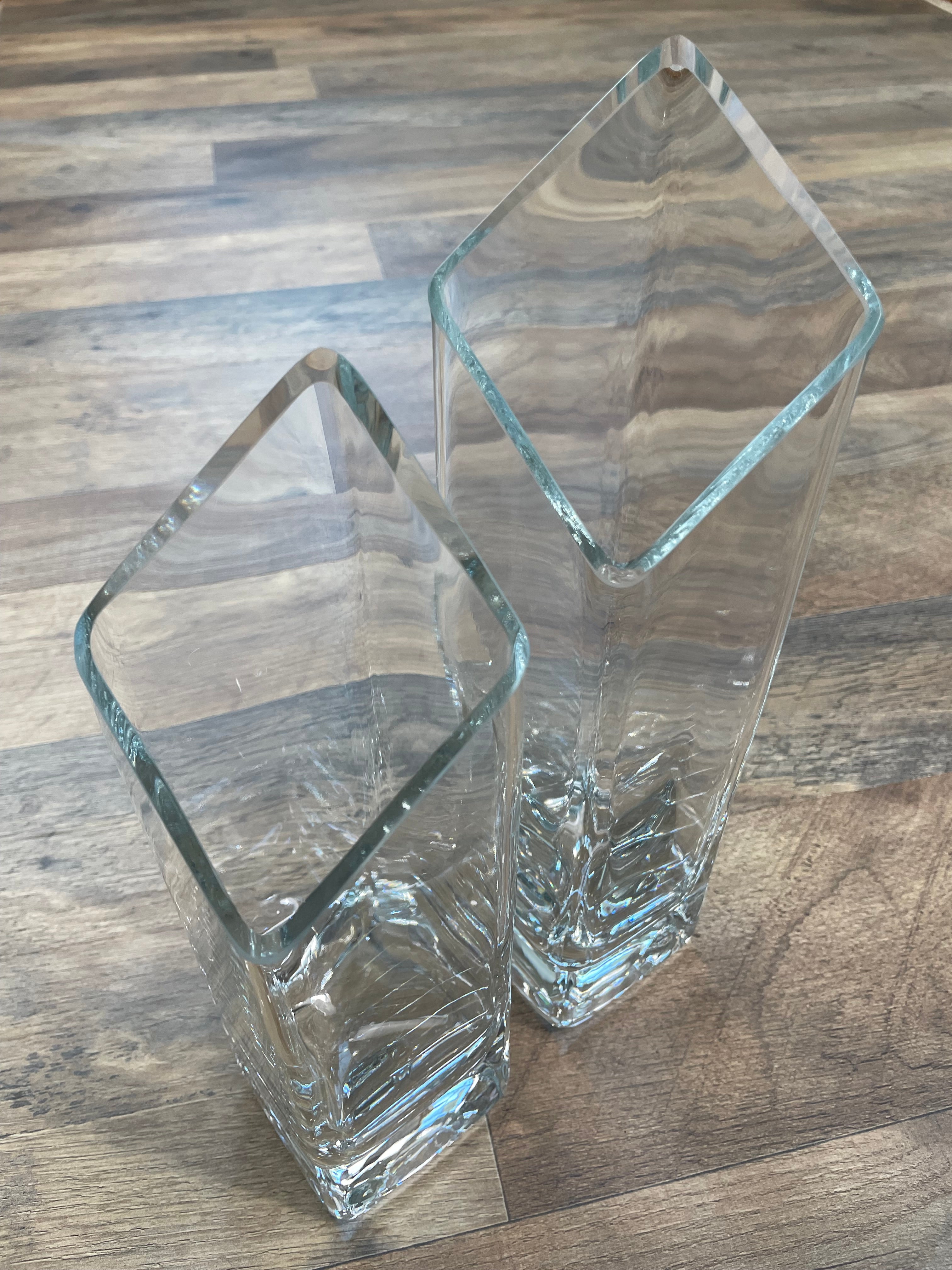 Heavy Thick Square Diamond Slant Cut Glass Vases (set of 2)