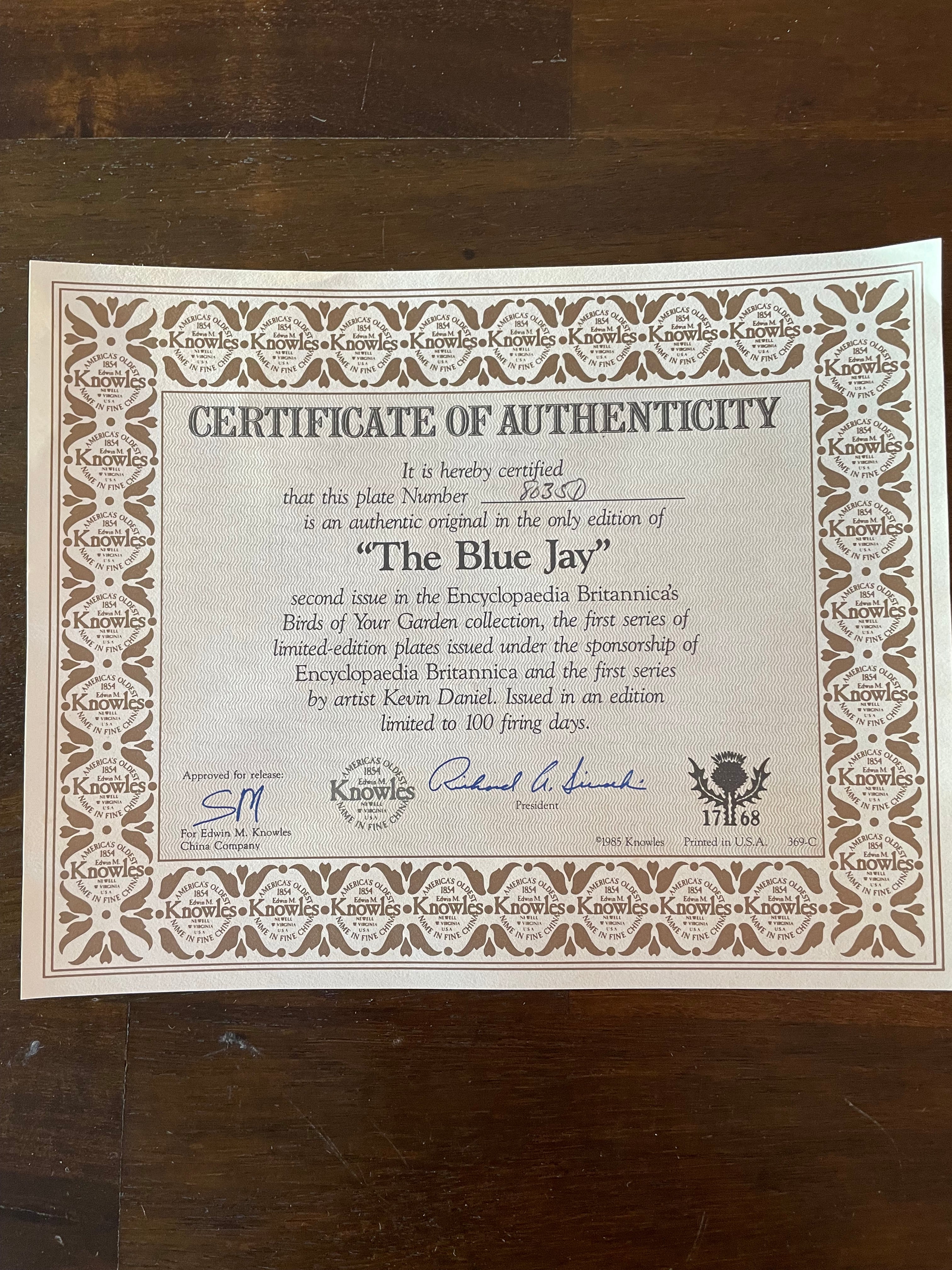 Knowles "The Blue Jay" Collectible Plate