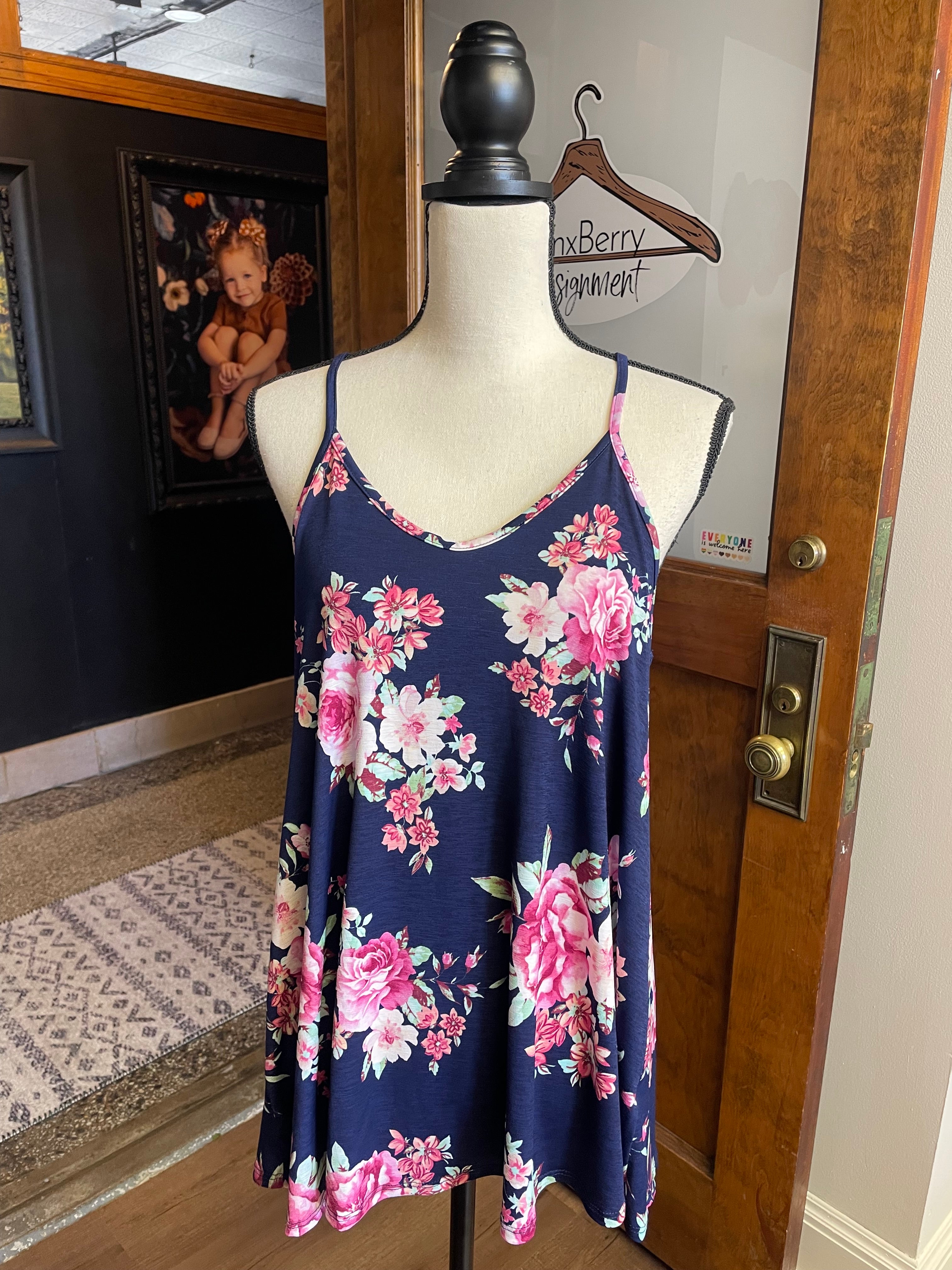 White Birch Blue Floral Halter Back Tank (S)