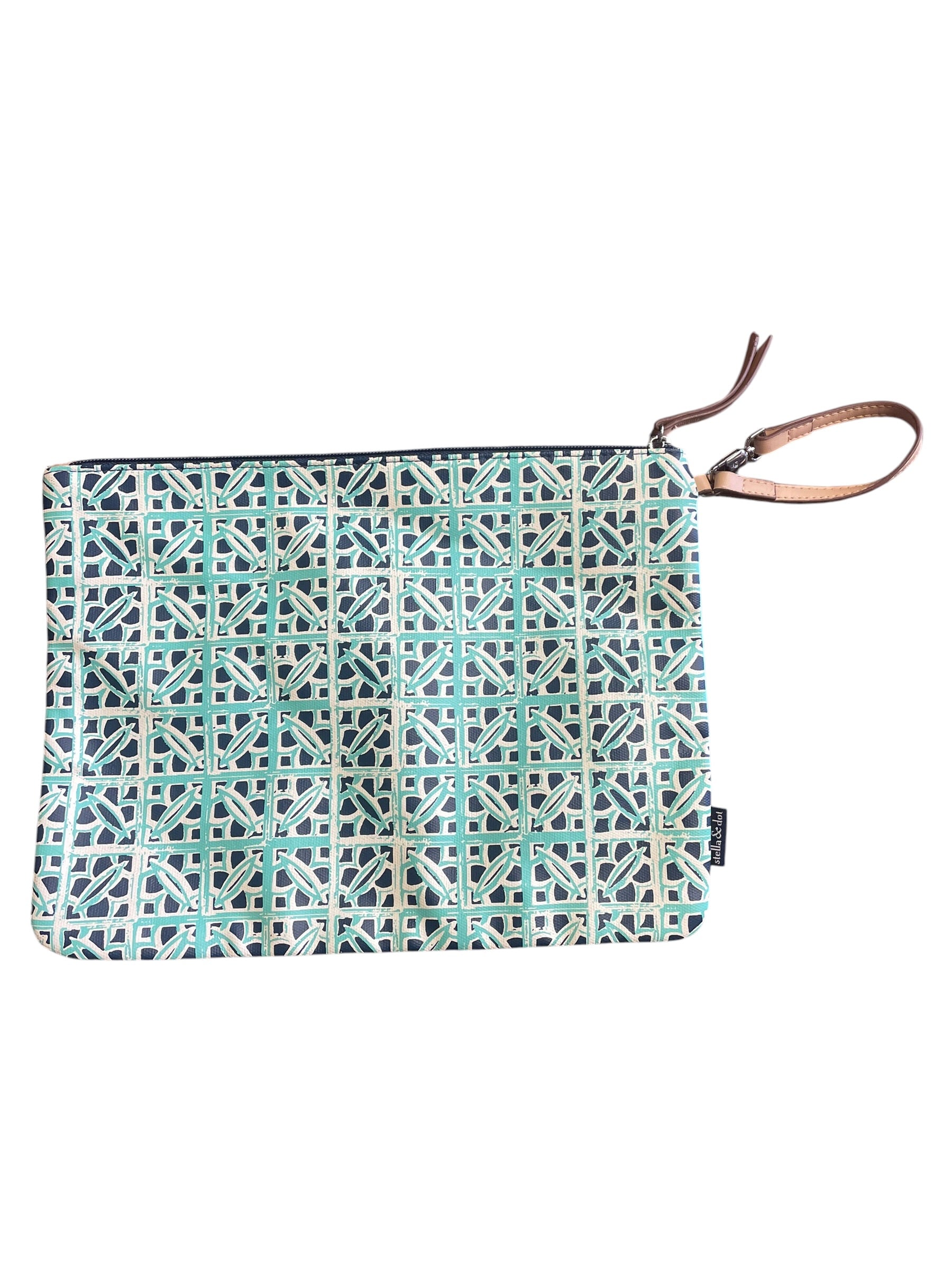 Stella & Dot Teal Print Leather Market Tote Shoulder Bag Soft W/Makeup Bag