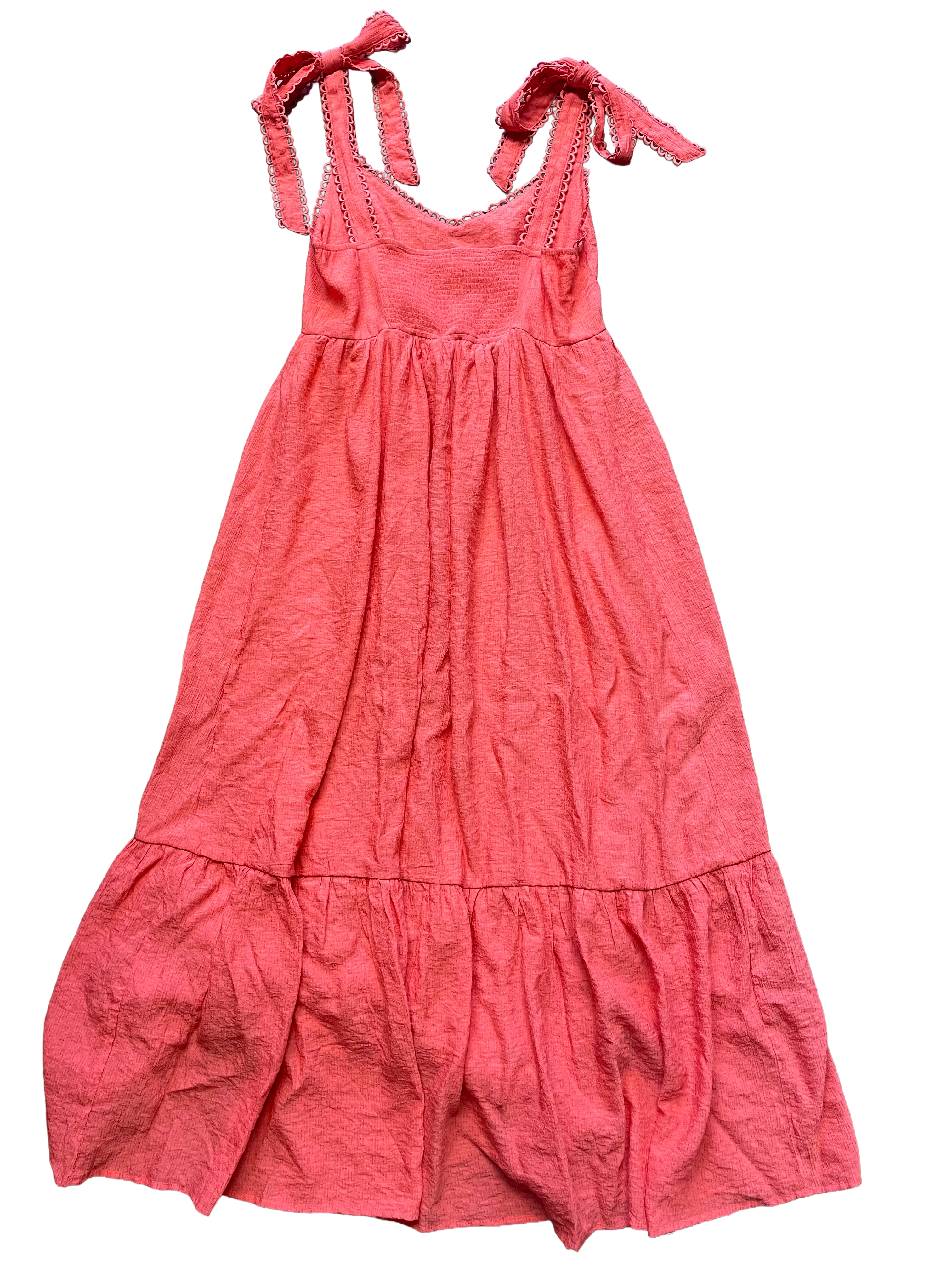 Mine Coral Tie Strap Elastic Panel Back Midi Dress (S) - BinxBerry Consignment