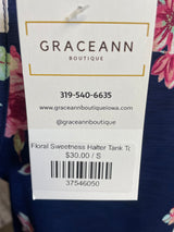 White Birch Blue Floral Halter Back Tank (S)
