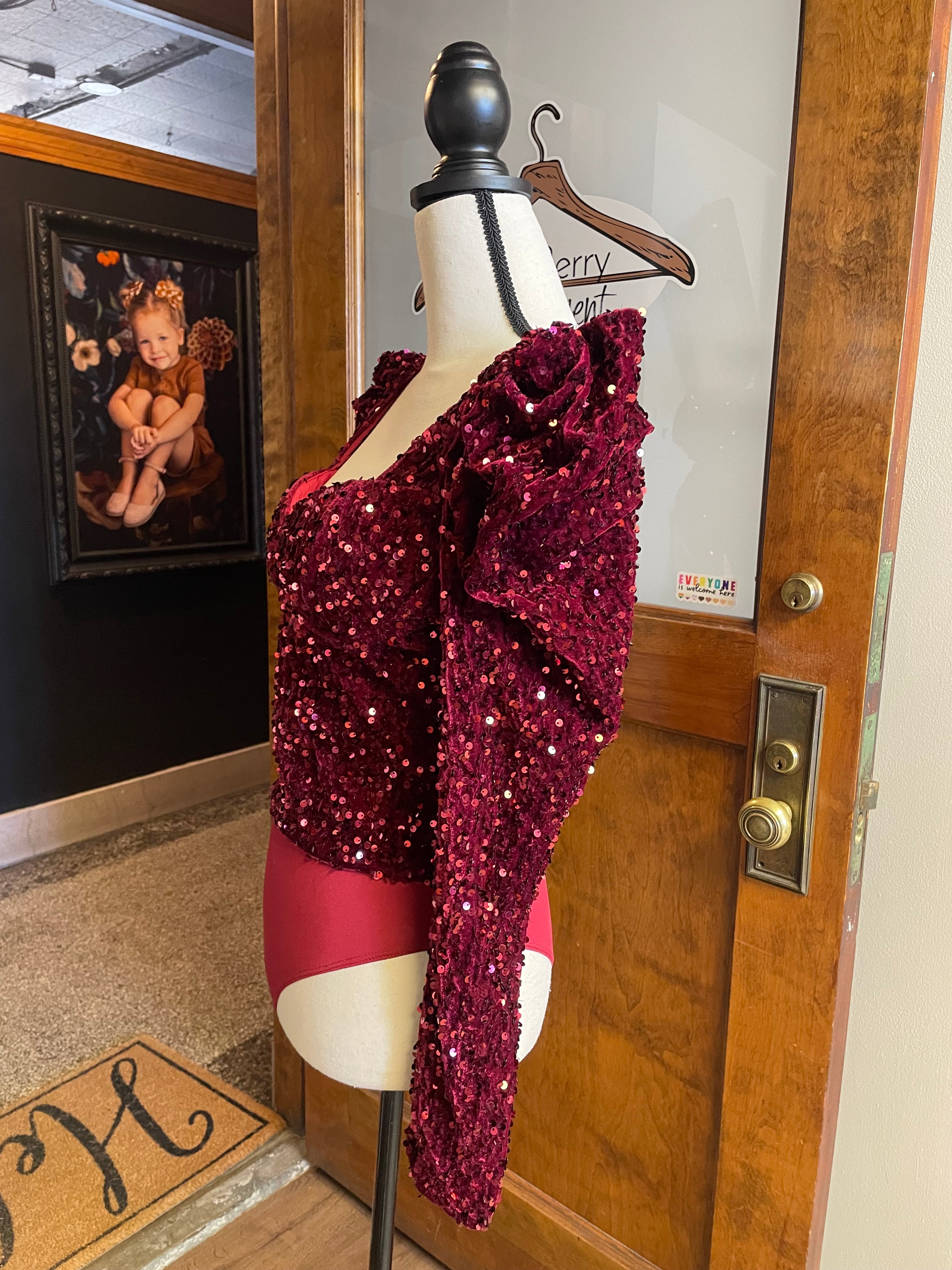 TCEC Puff Sleeve Red Sequined Bodysuit (M)