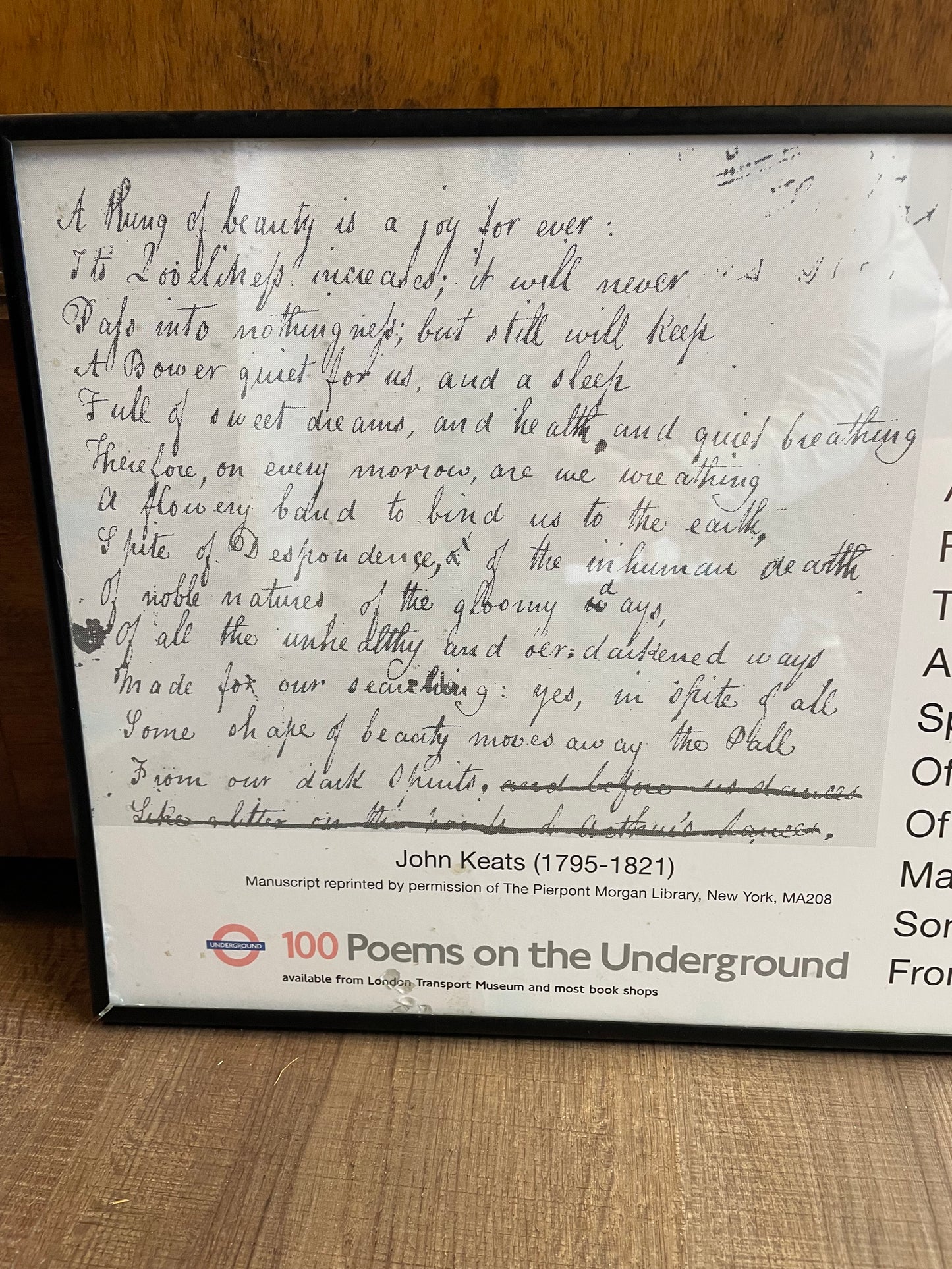 100 Poems on the Underground John Keats Framed Reprint