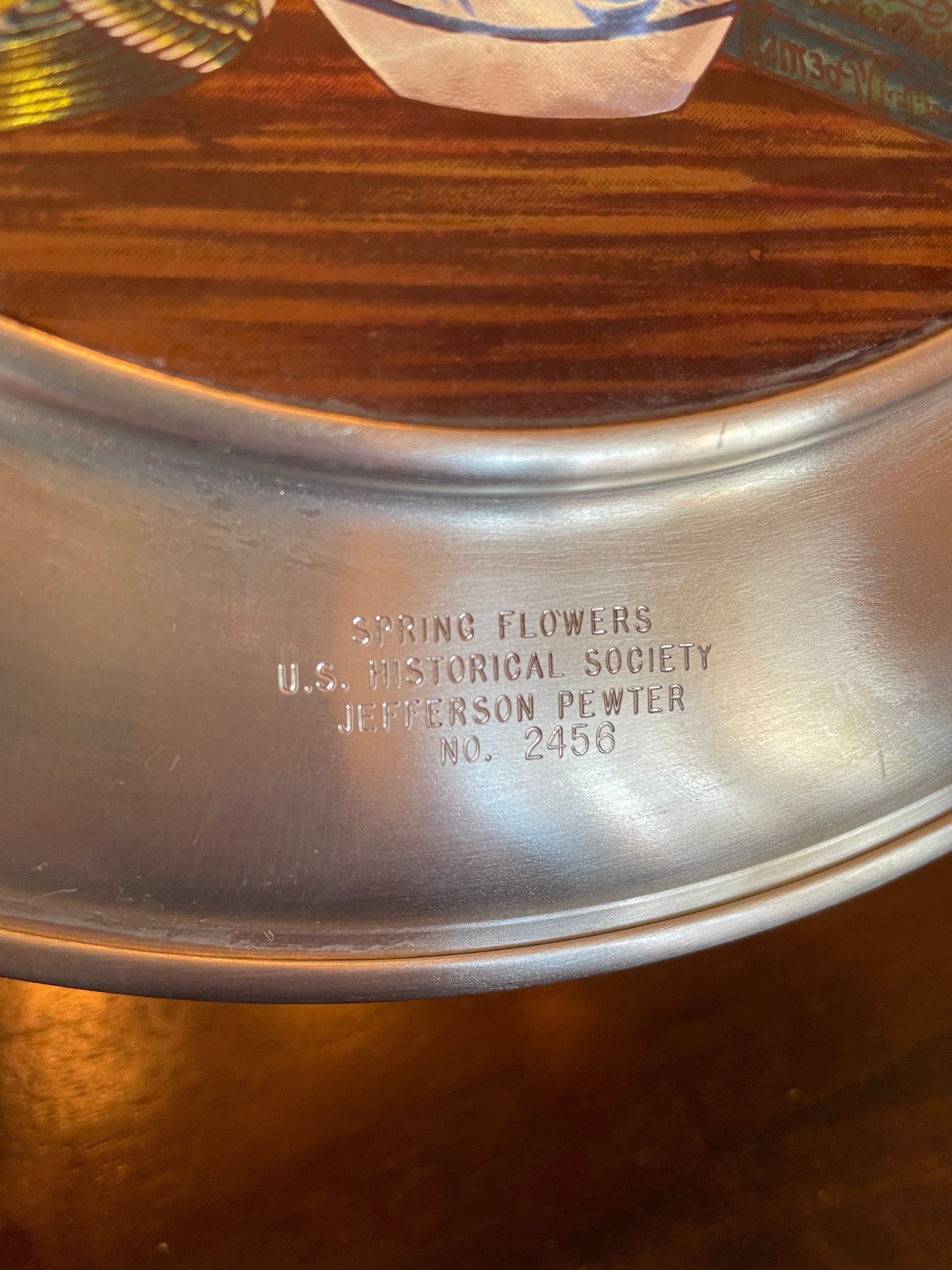 U.S. Historical Society Jefferson Pewter Stained Glass Plate Spring Flowers