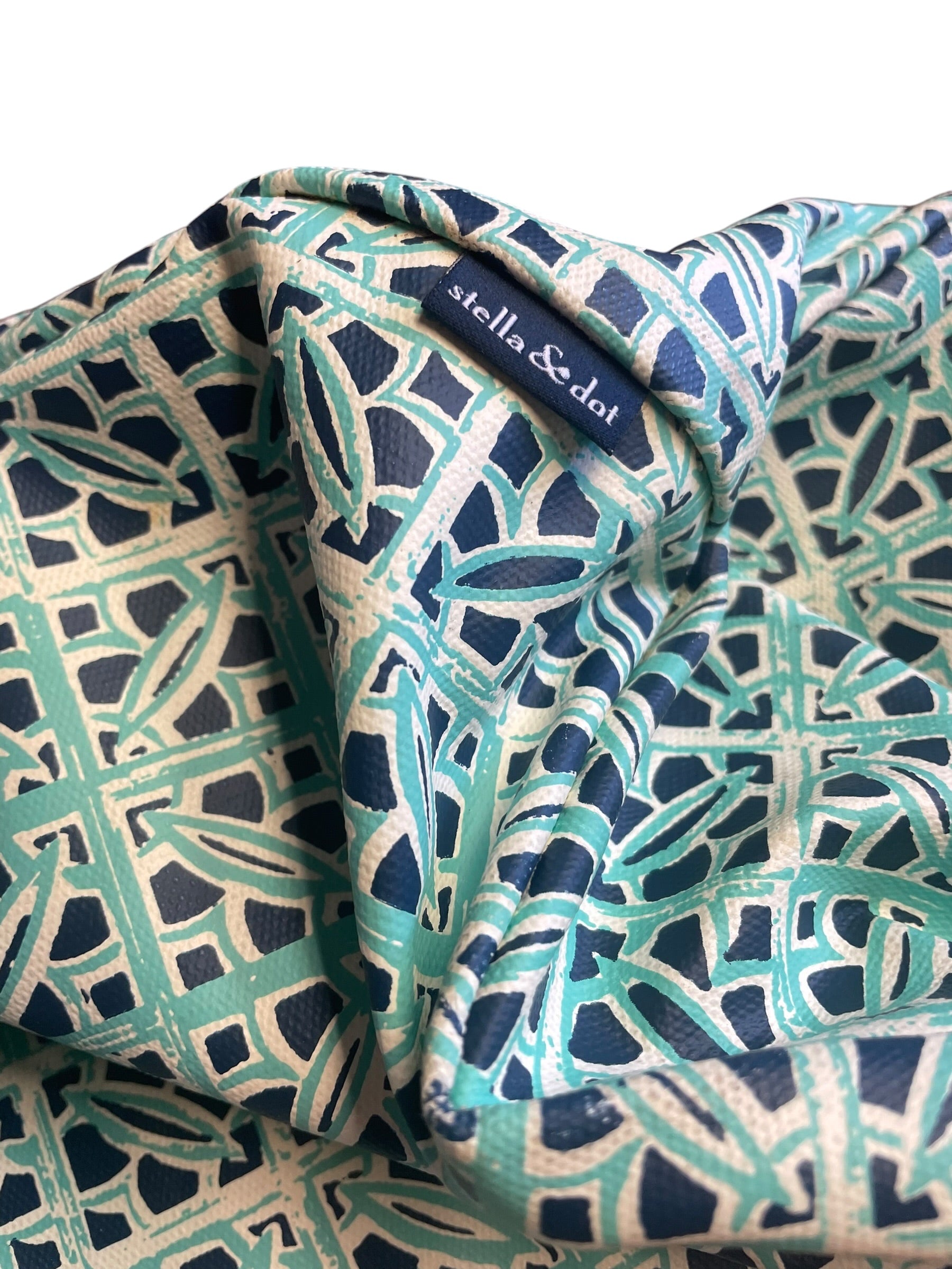 Stella & Dot Teal Print Leather Market Tote Shoulder Bag Soft W/Makeup Bag