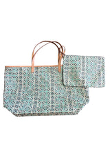 Stella & Dot Teal Print Leather Market Tote Shoulder Bag Soft W/Makeup Bag