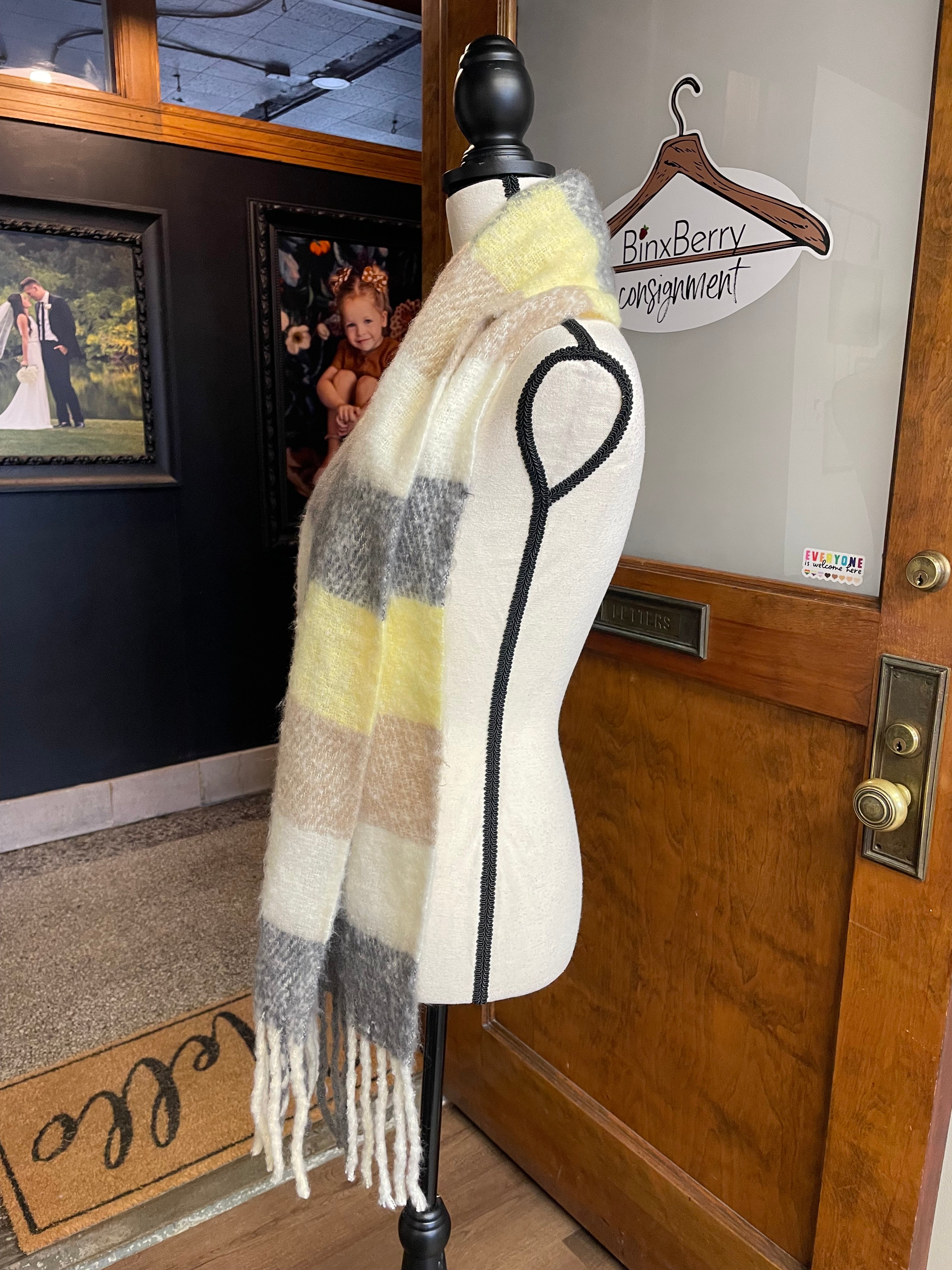 Yellow, Tan, Cream & Gray Checkered Scarf