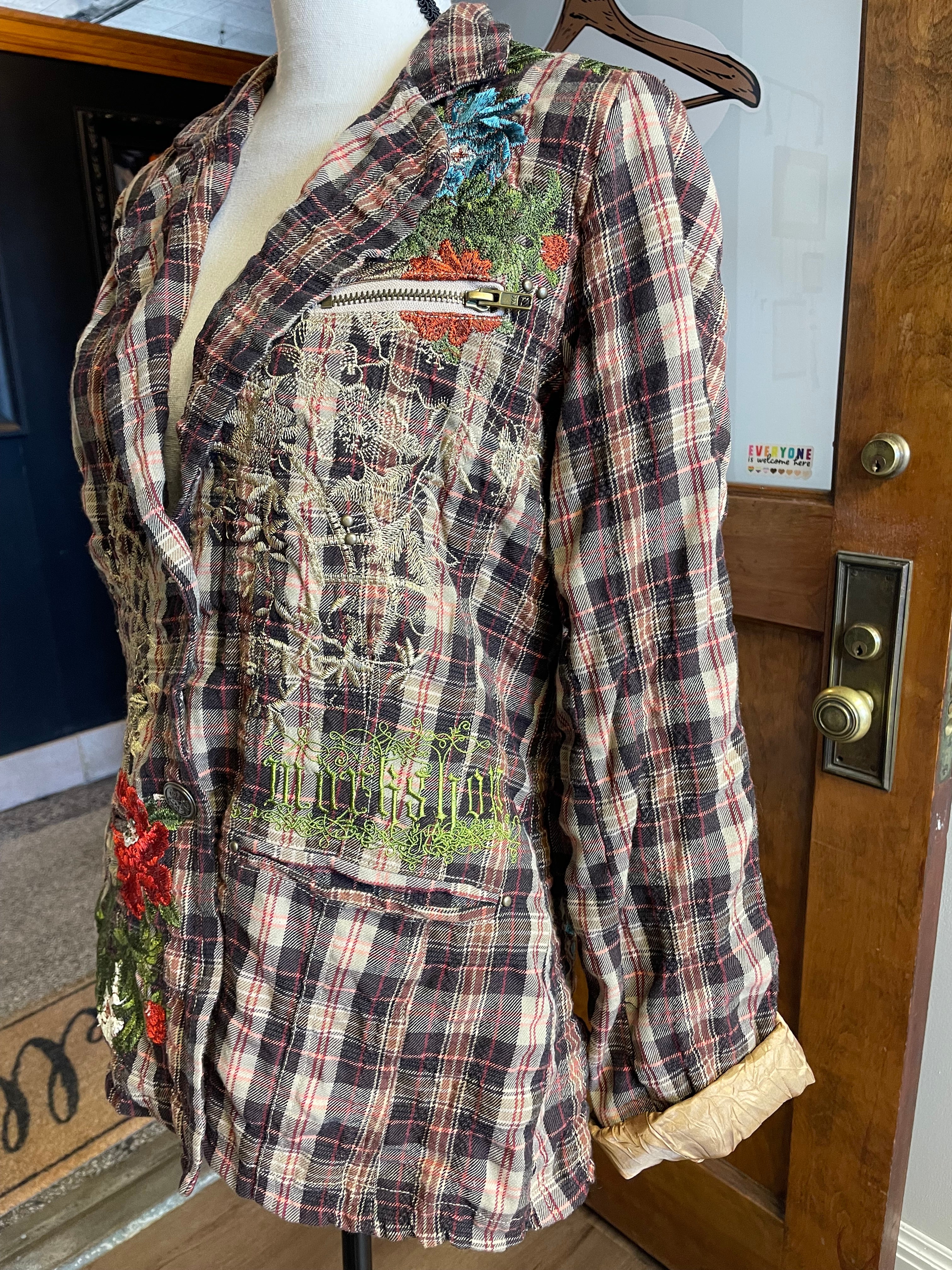 Plaid & Embroidered Wool Blend Women's Blazer (M)