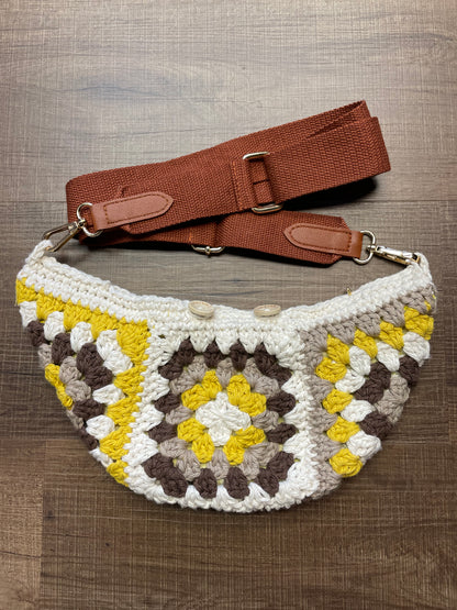 Brown and Yellow Crochet Bag with Brown Strap