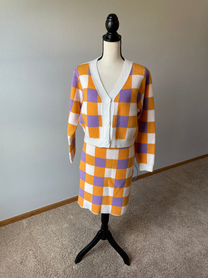 Vibrant Check Skirt and Cardigan (XL)