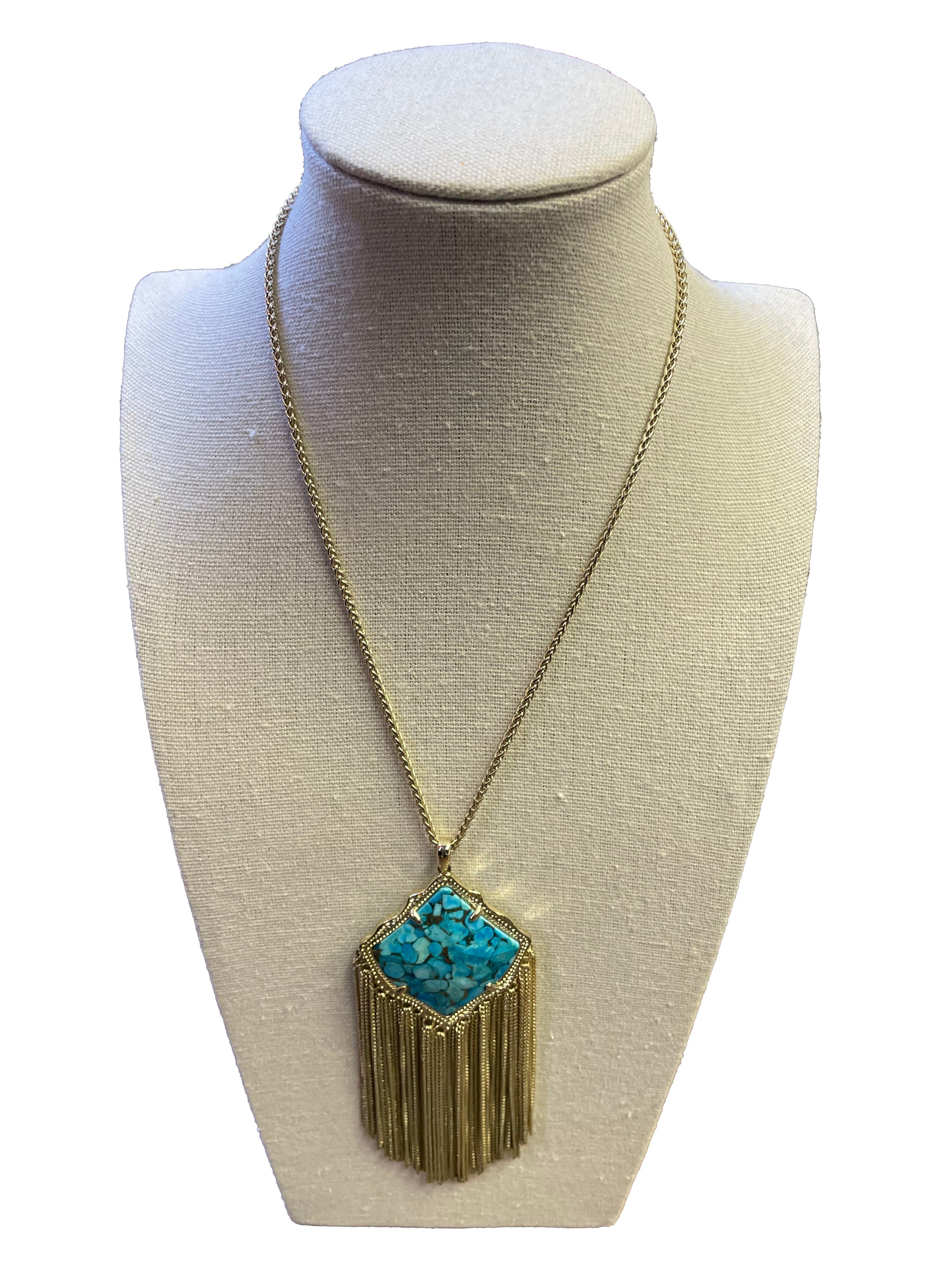 Kendra Scott Kingston Gold Bronzed Veined Turquoise Gold Fringe Necklace - BinxBerry Consignment