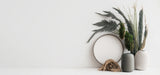 Decorative setup with plants, a mirror, and a ball on a white background

