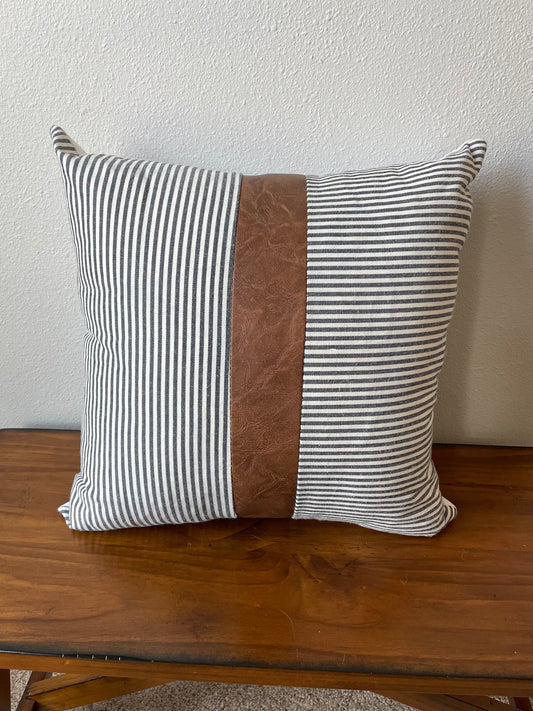 18" Denim and Faux Leather Throw Pillow