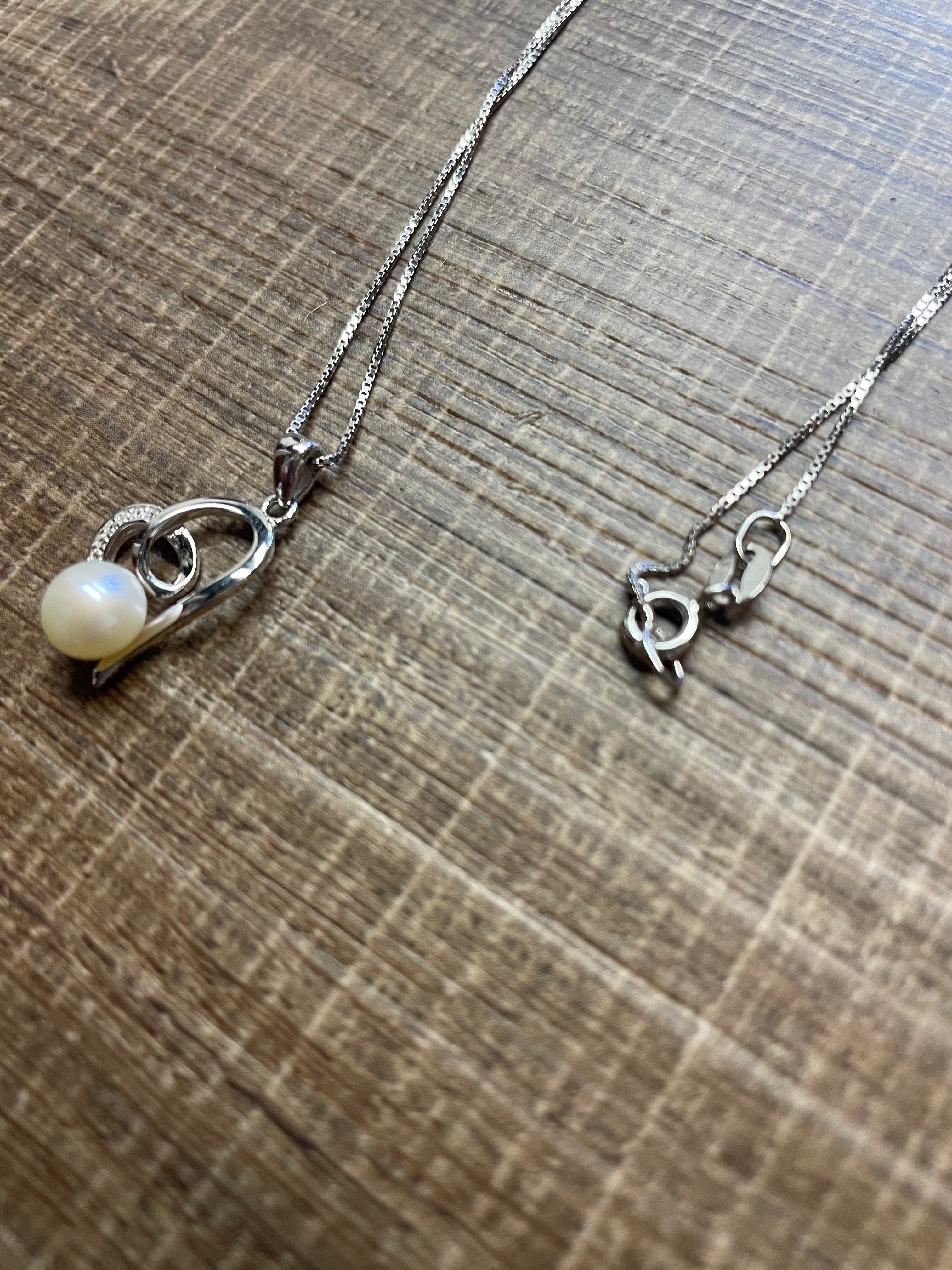 Sterling Silver, CZ & Pearl Open Heart Necklace