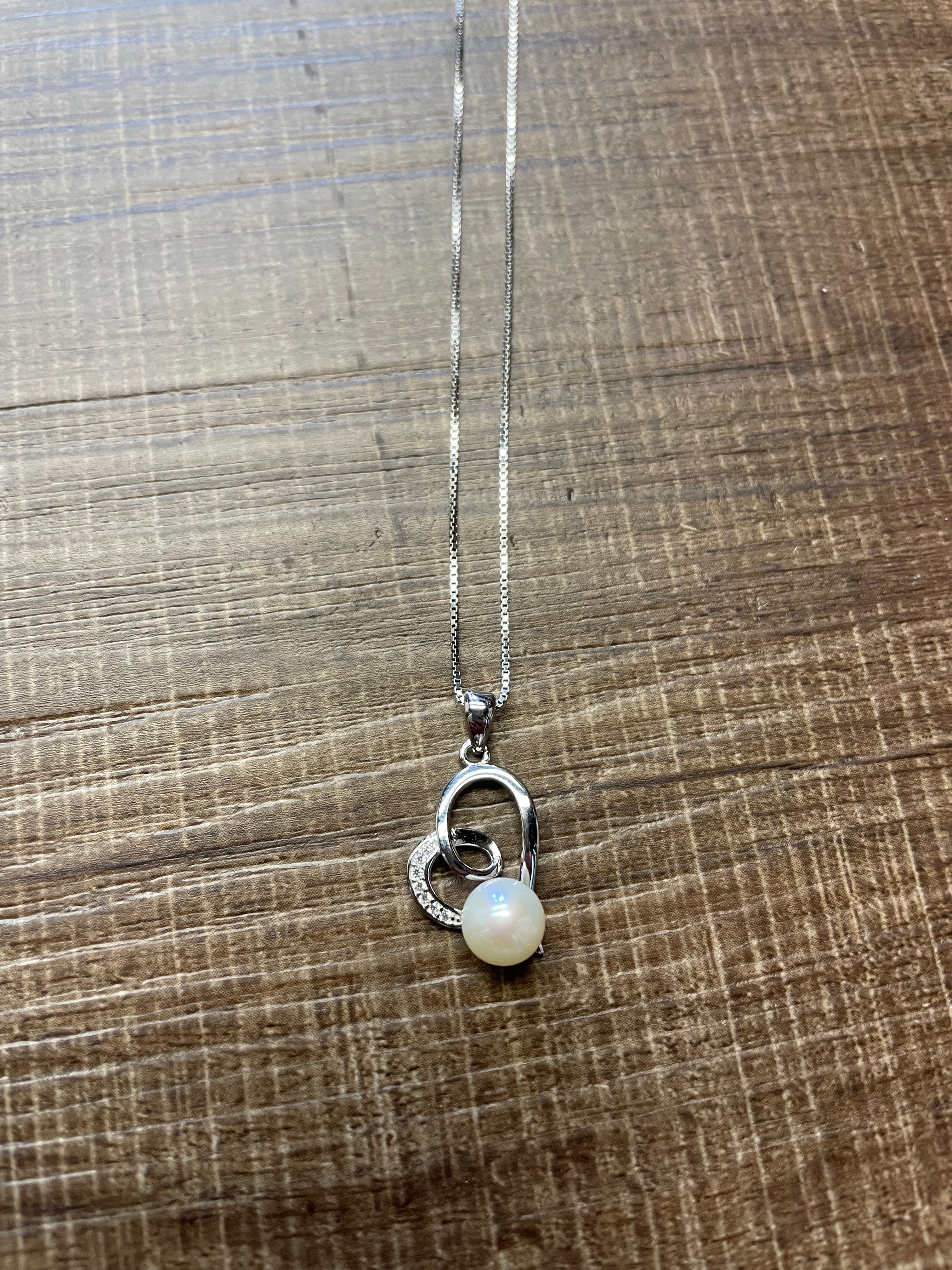 Sterling Silver, CZ & Pearl Open Heart Necklace