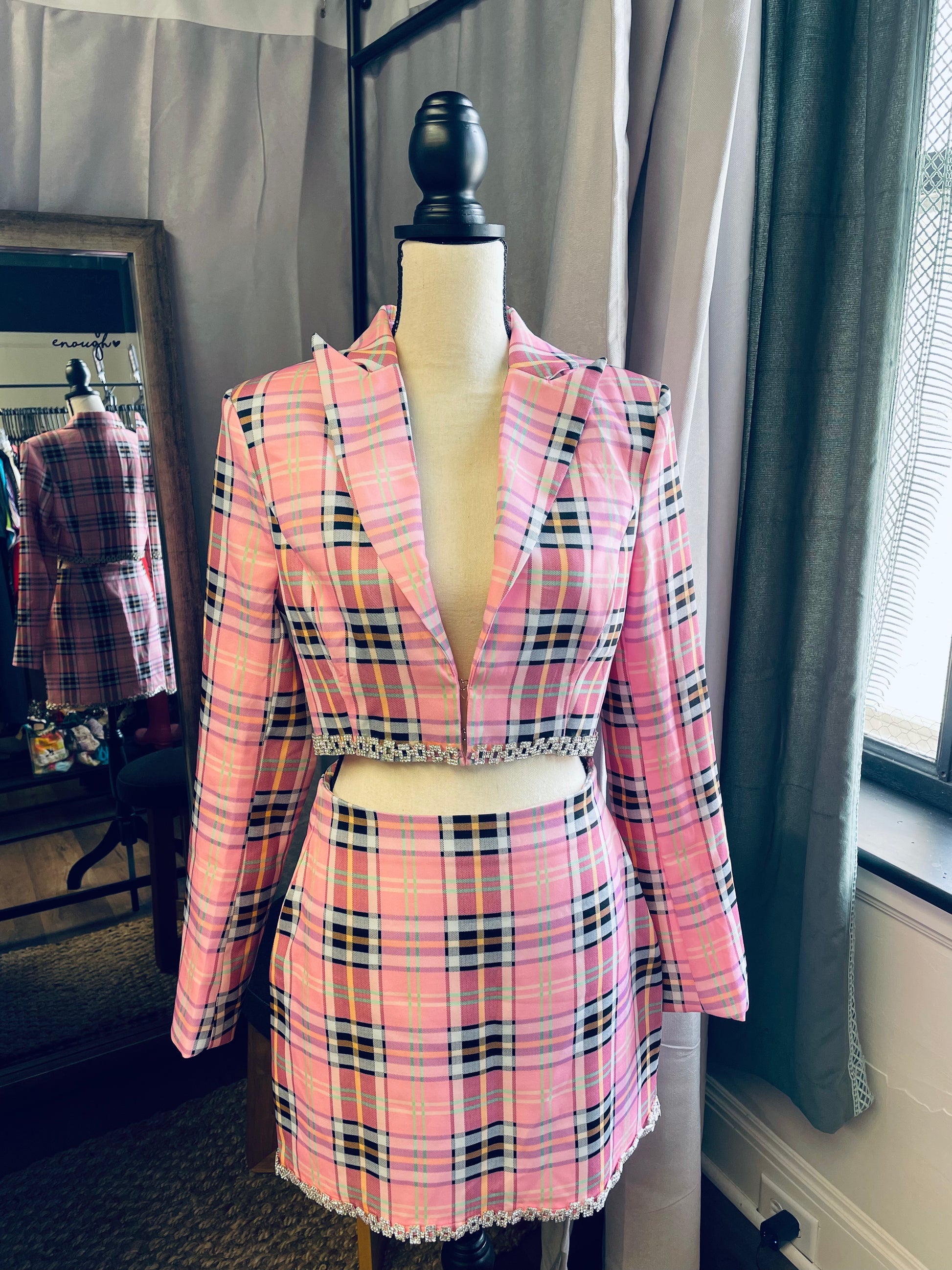 Pink plaid skirt and blazer clearance