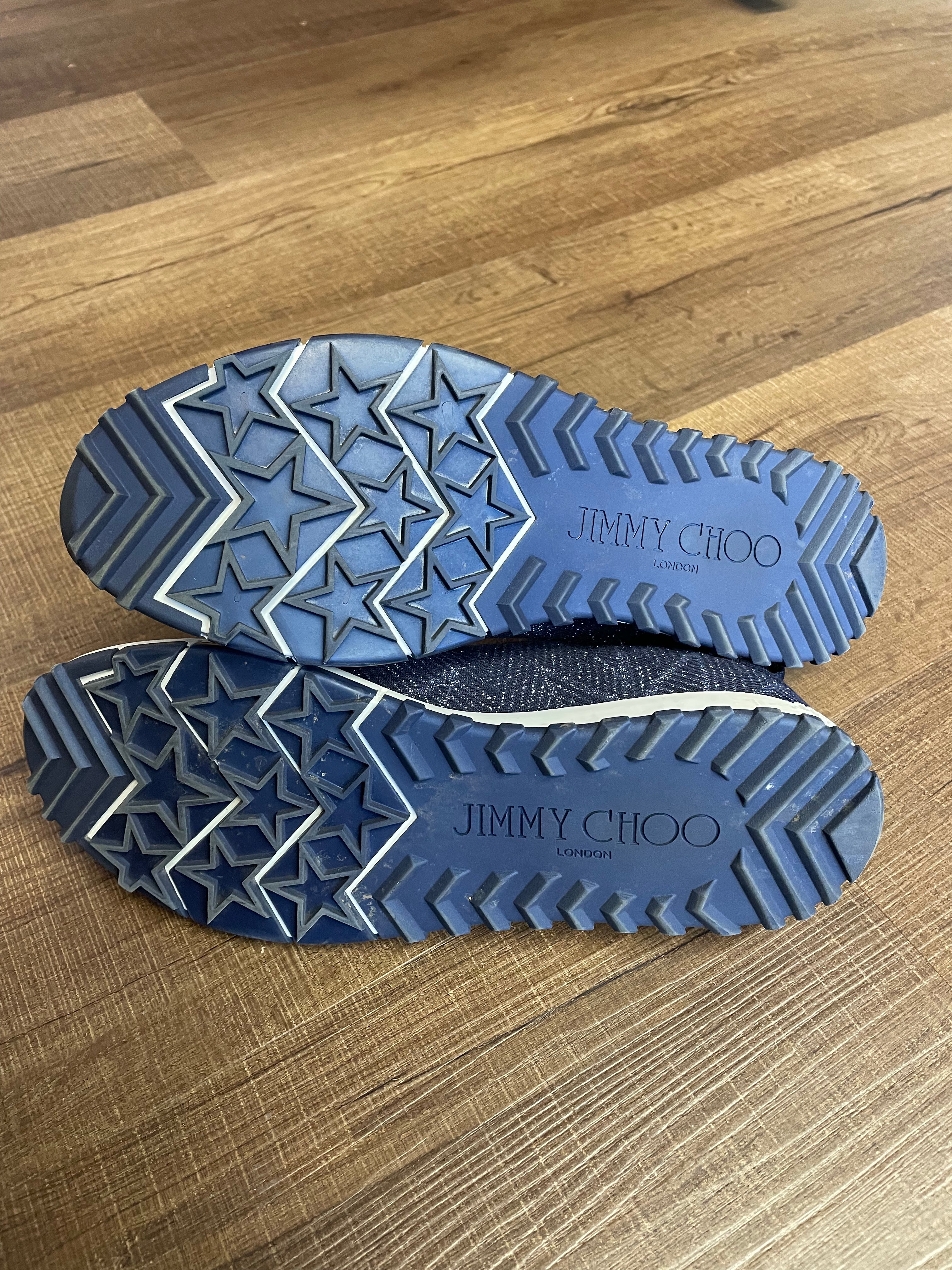 Jimmy Choo Navy Blue Glitter Fabric Low Top Trainer (10.5)