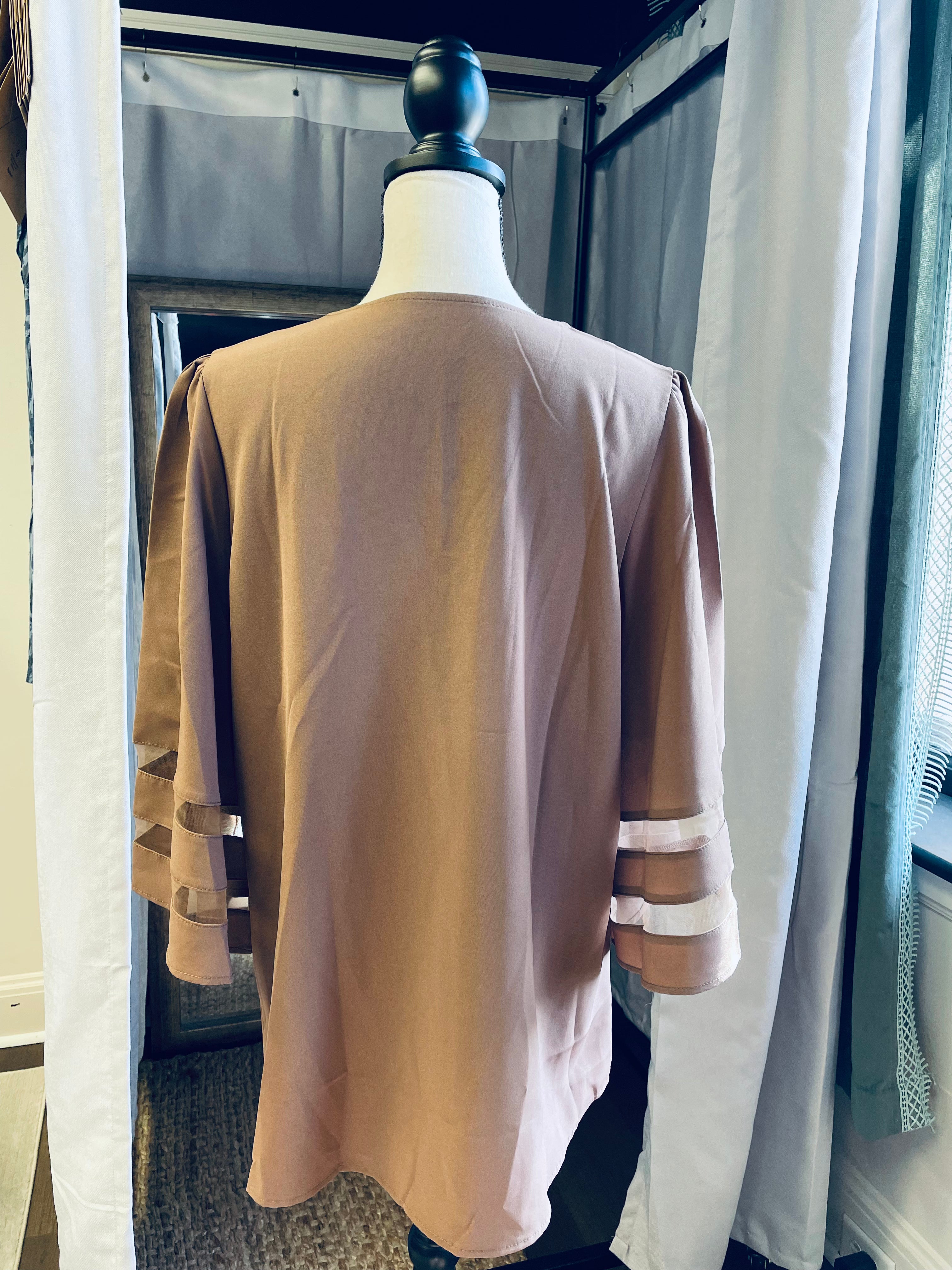 Brown V-Neck Flare Sleeve Blouse (XL)