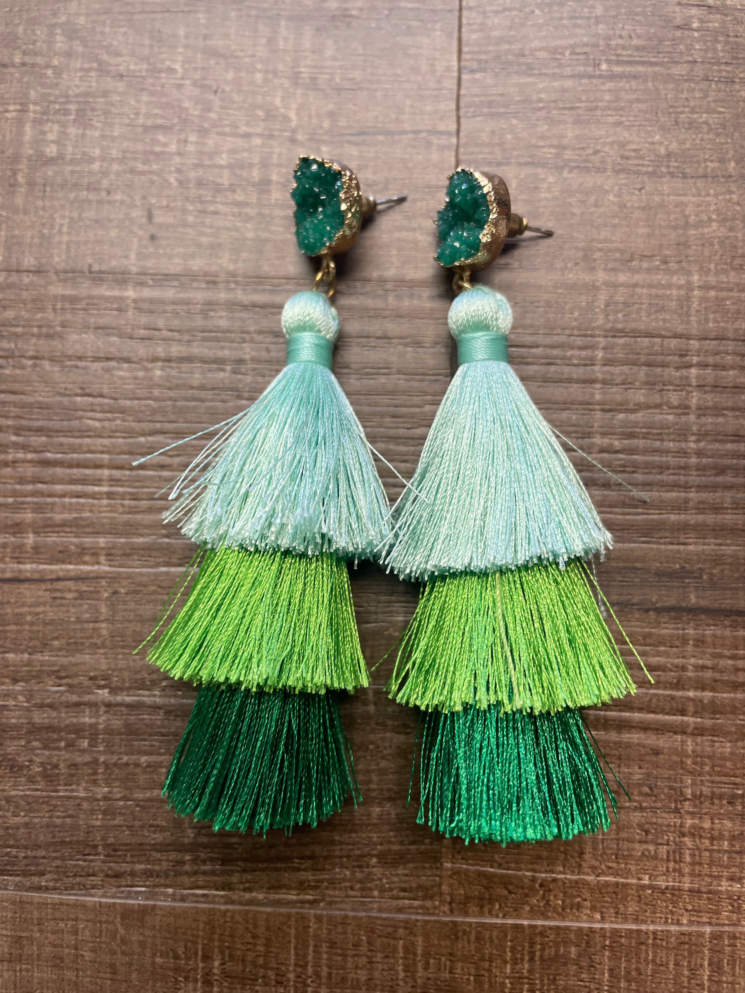 Emerald Gem Fringe Dangle Earrings